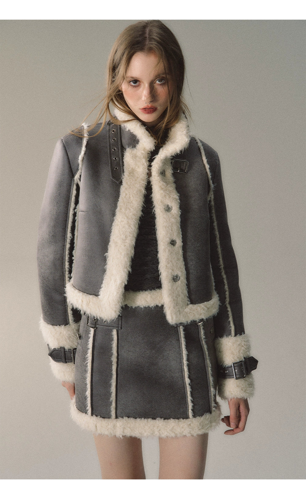 Grey Short Plush Shearling Jacket & Skirt Set - CHINASQUAD
