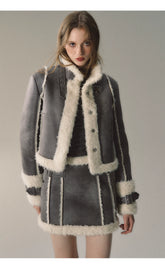 Grey Short Plush Shearling Jacket & Skirt Set - CHINASQUAD