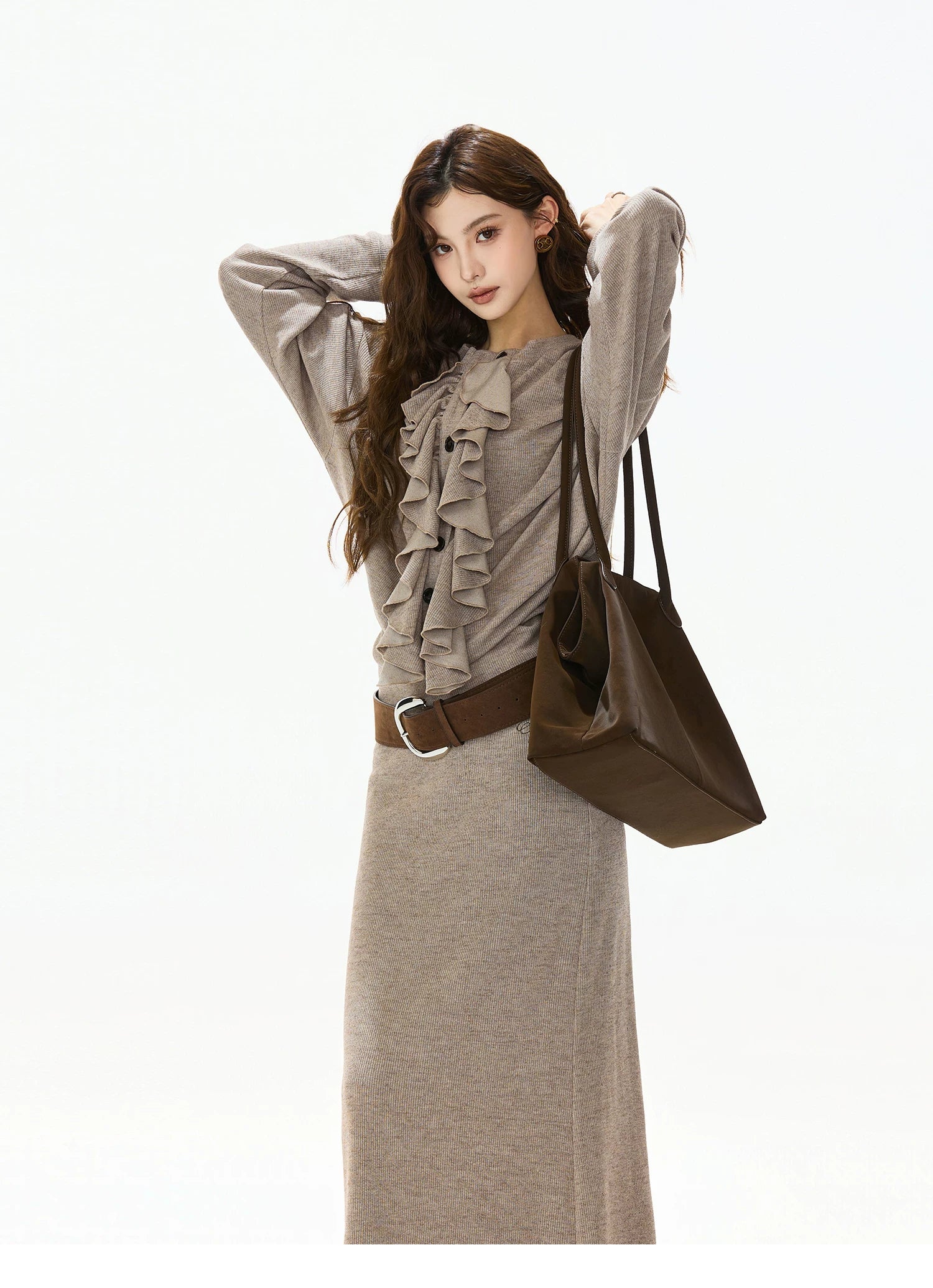 Ruffle-Trim Batwing-Sleeve Knit Crewneck