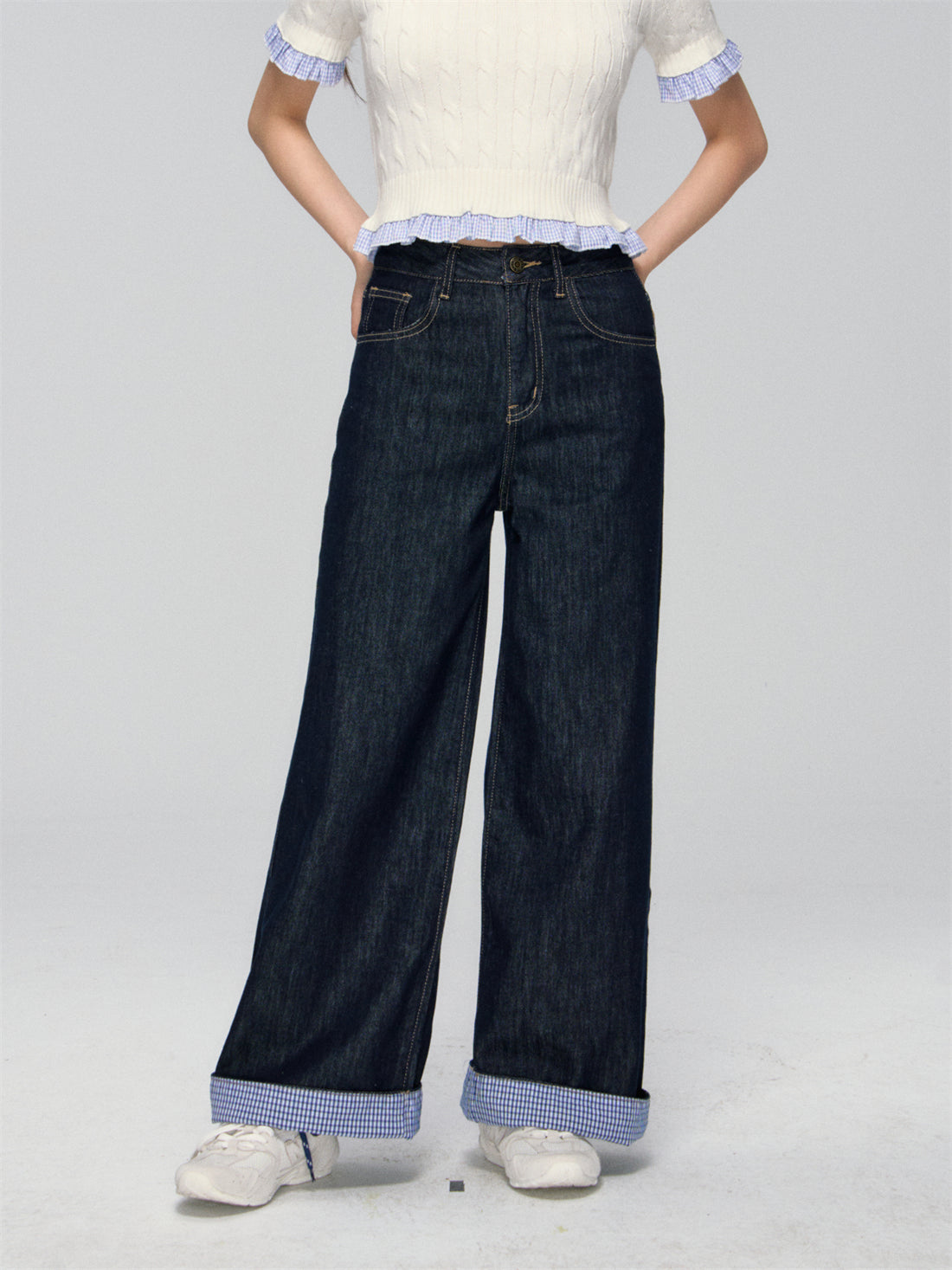 Color-block Plaid Patchwork Straight-leg Jeans - CHINASQUAD