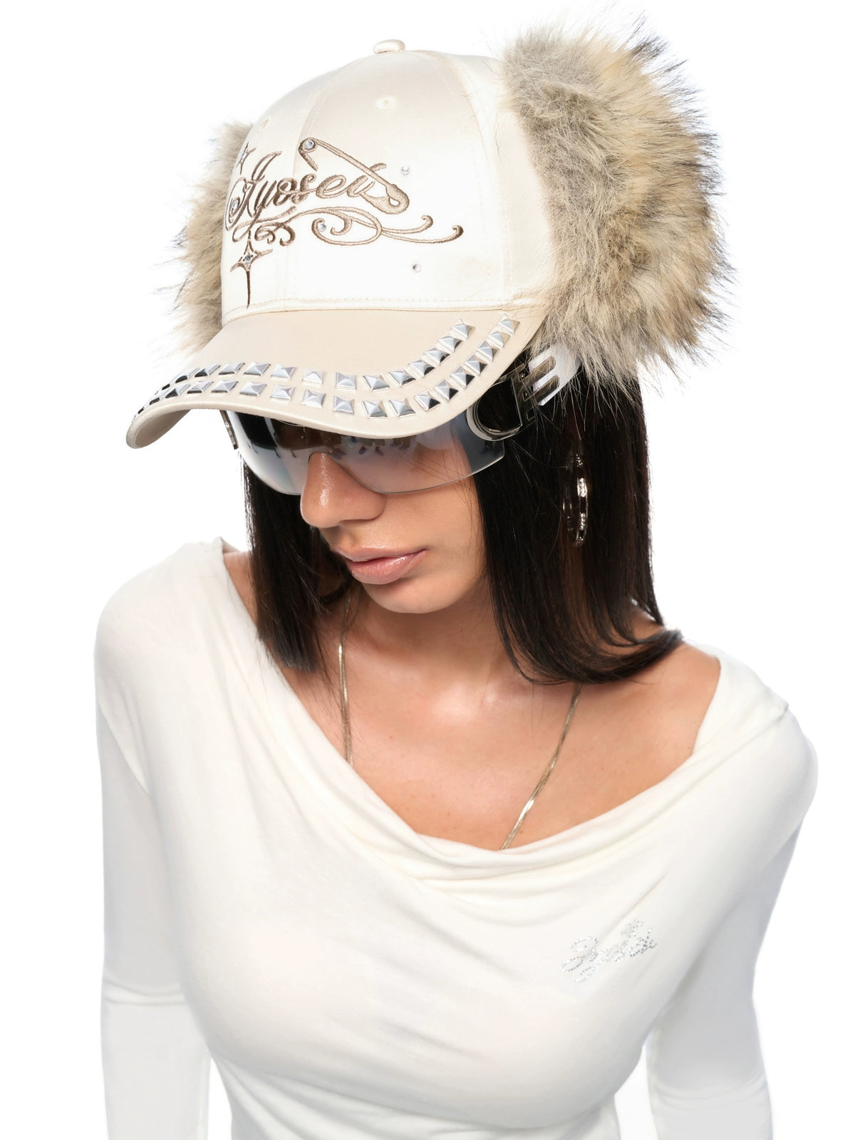 Rhinestone Ear-Flap Furry Baseball Cap