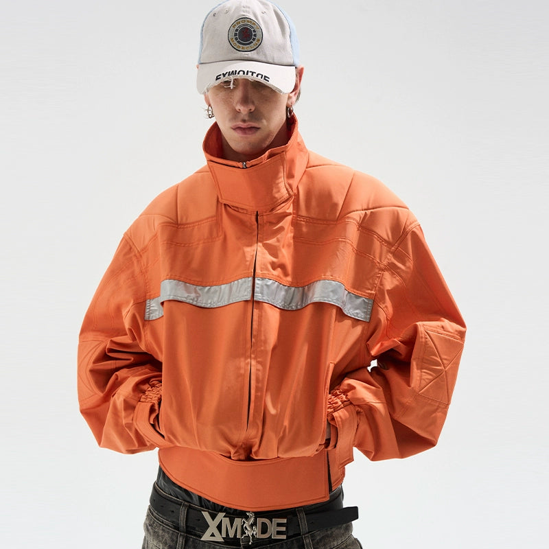 Reflective Trim Stand-Collar Oversized Jacket - CHINASQUAD