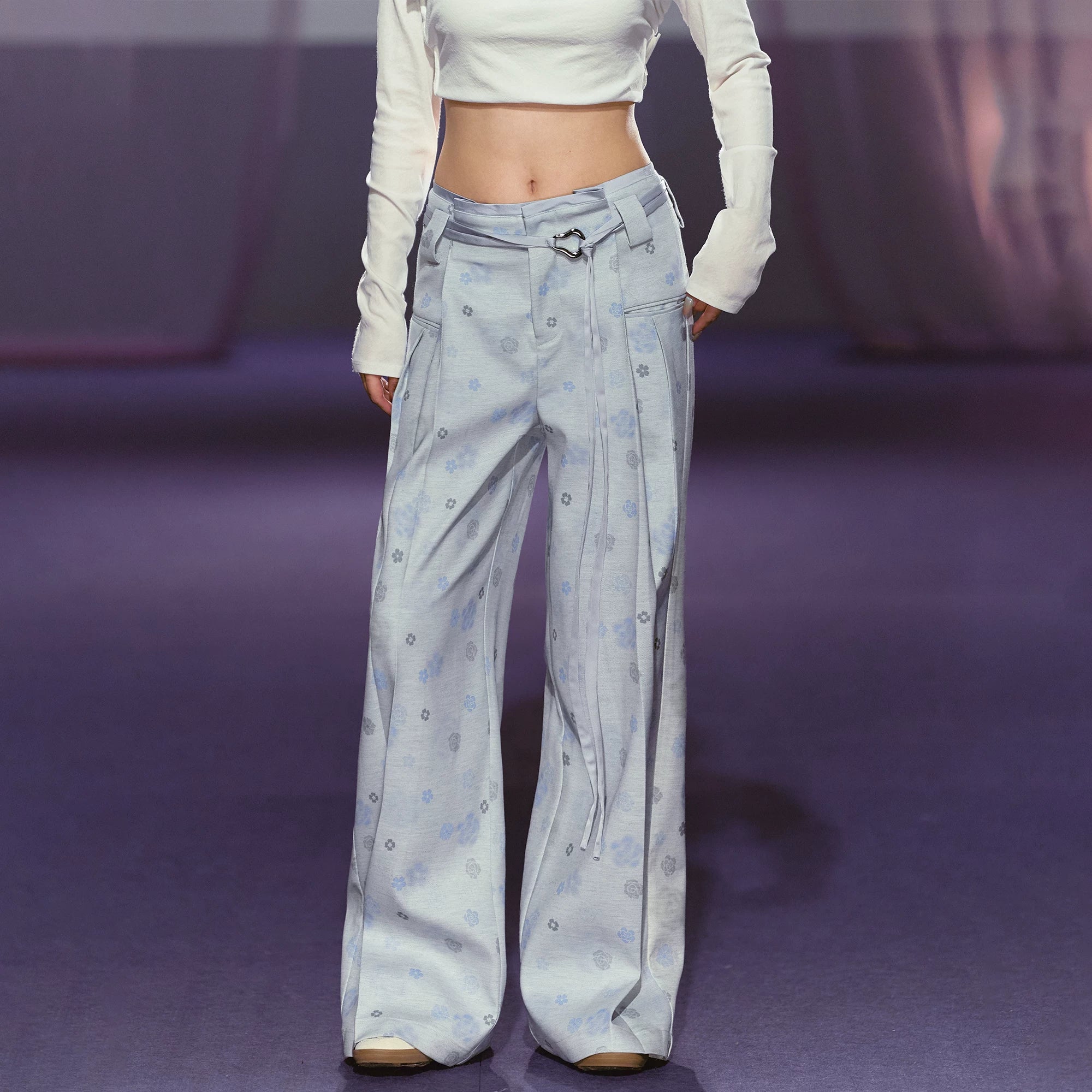 Floral Satin Wide-Leg Tailored Trousers