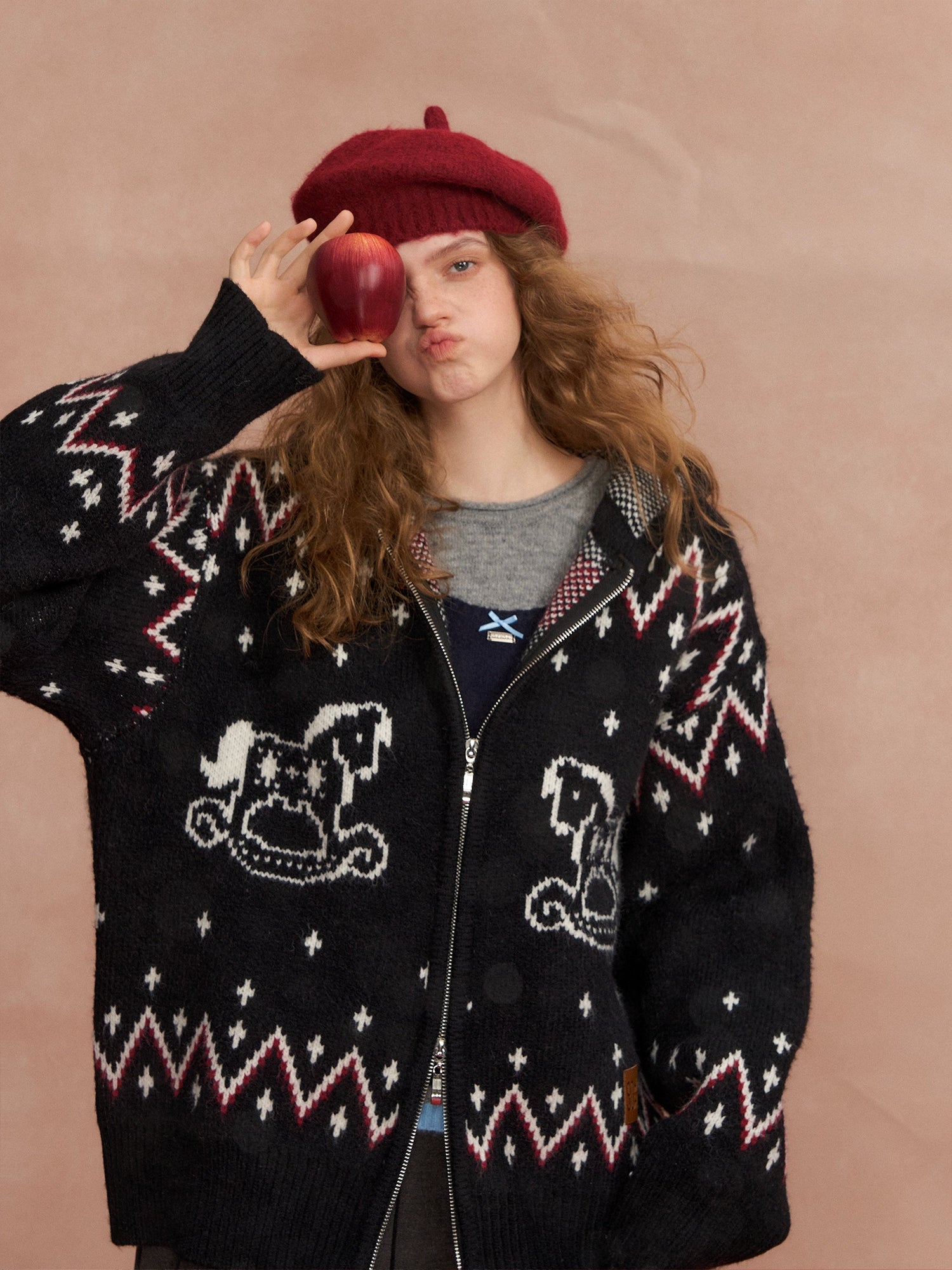 Fair Isle Horse-Pattern Hooded Cardigan