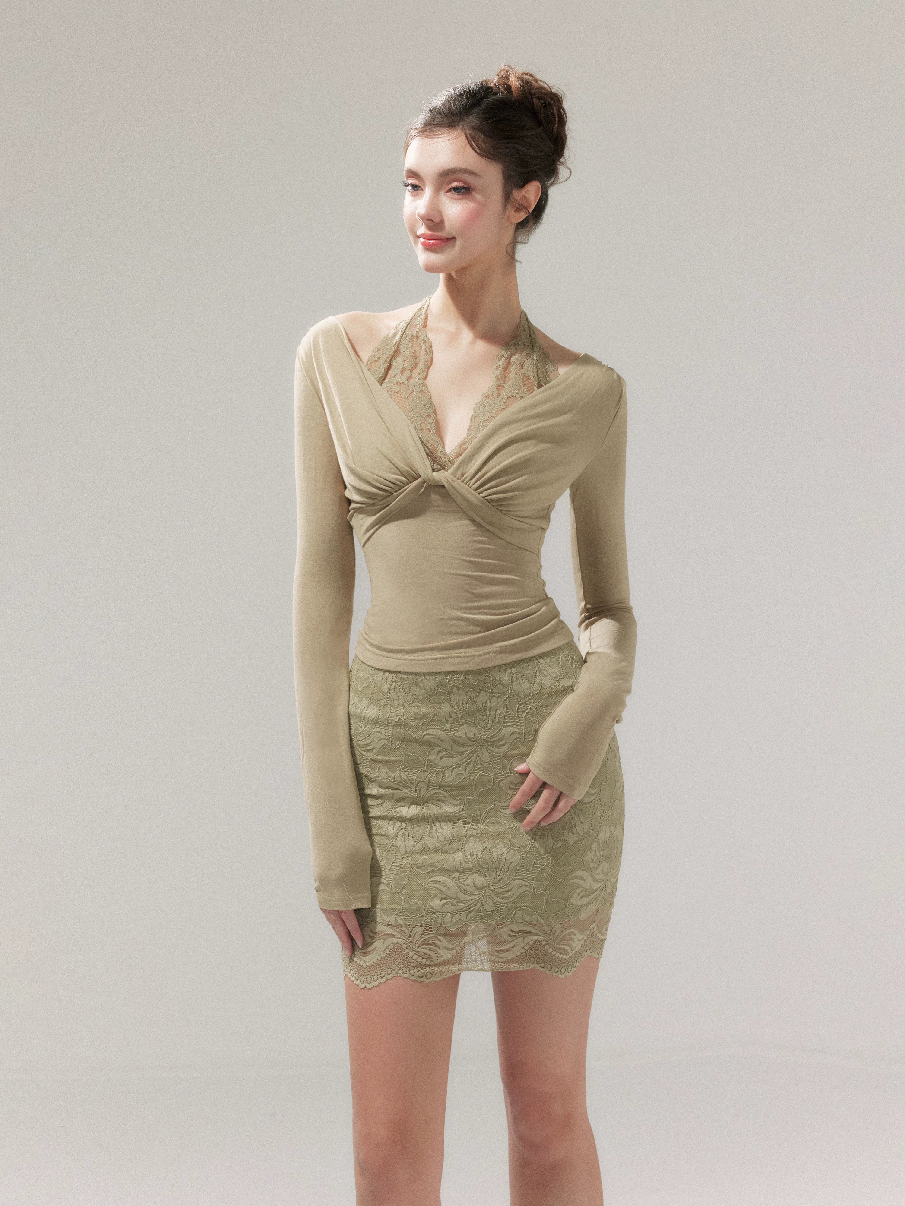 Lace Layered Knit Top & Bodycon Mini Skirt Set