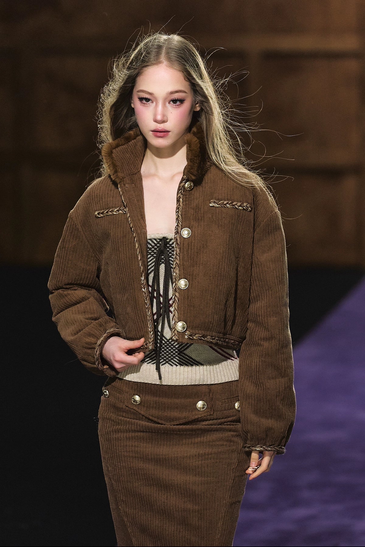 Corduroy Fur-Collar Jacket & Skirt Set