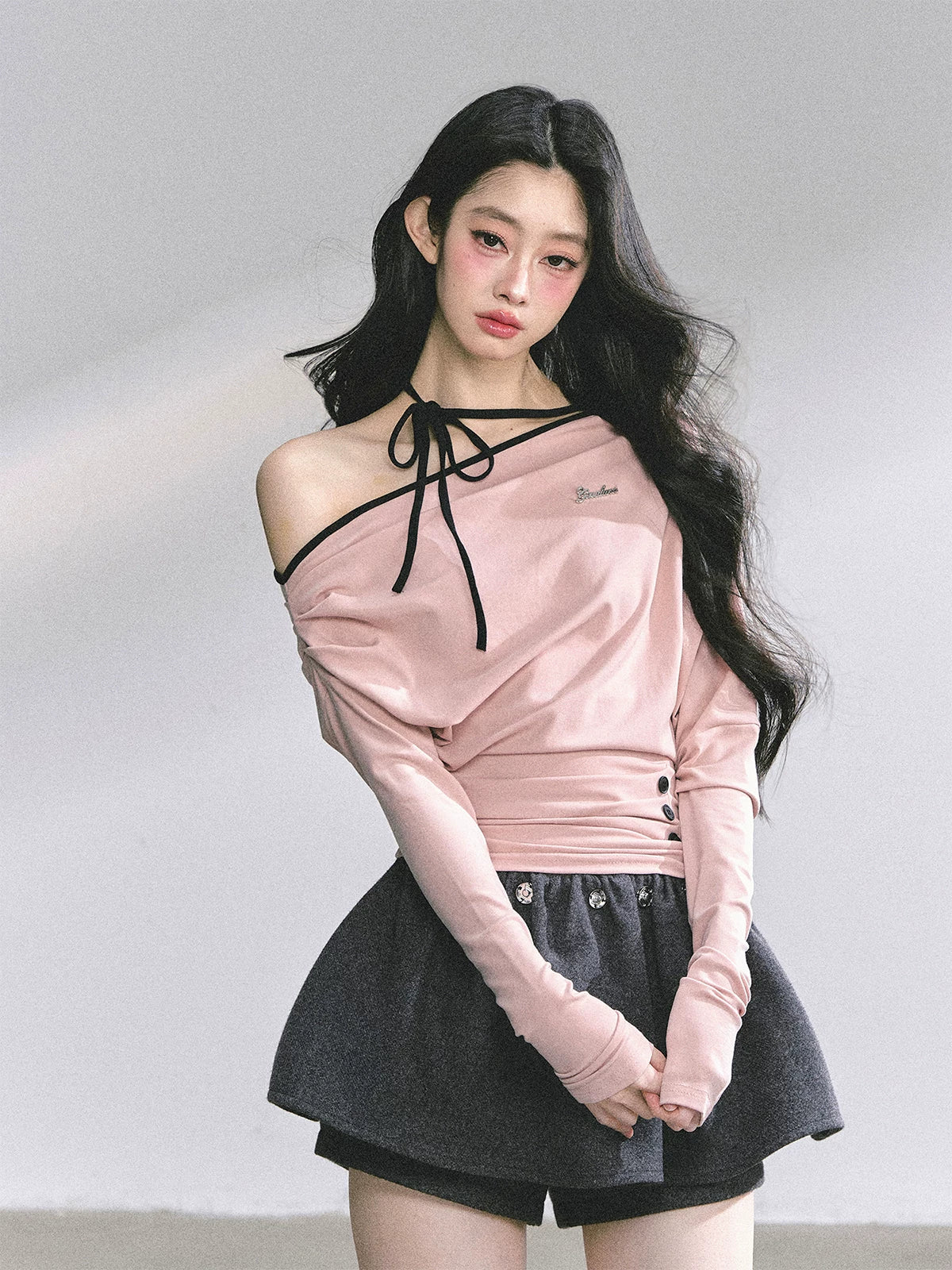 Off-Shoulder Halter Long-Sleeve T-Shirt