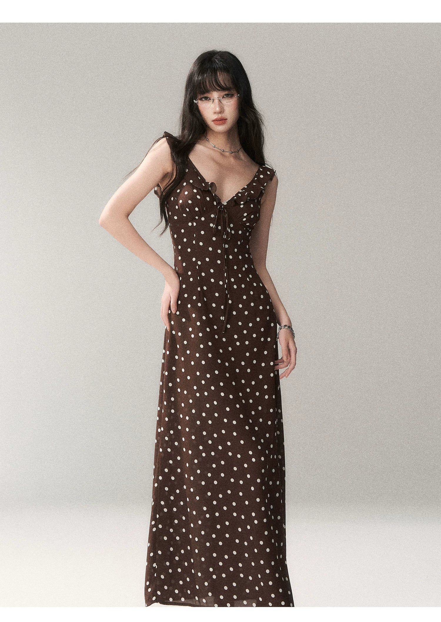 Chocolate Polka Dot French Slim-Fit Slip Maxi Dress
