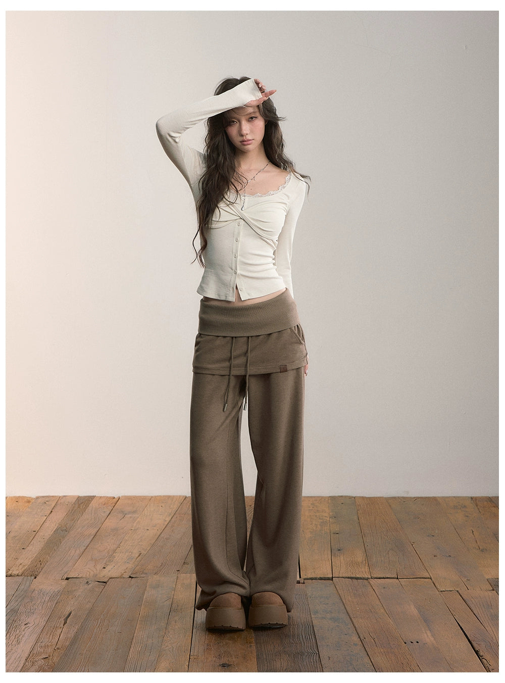 Folded Waist Skirt-Hem Wide-Leg Sweatpants - CHINASQUAD