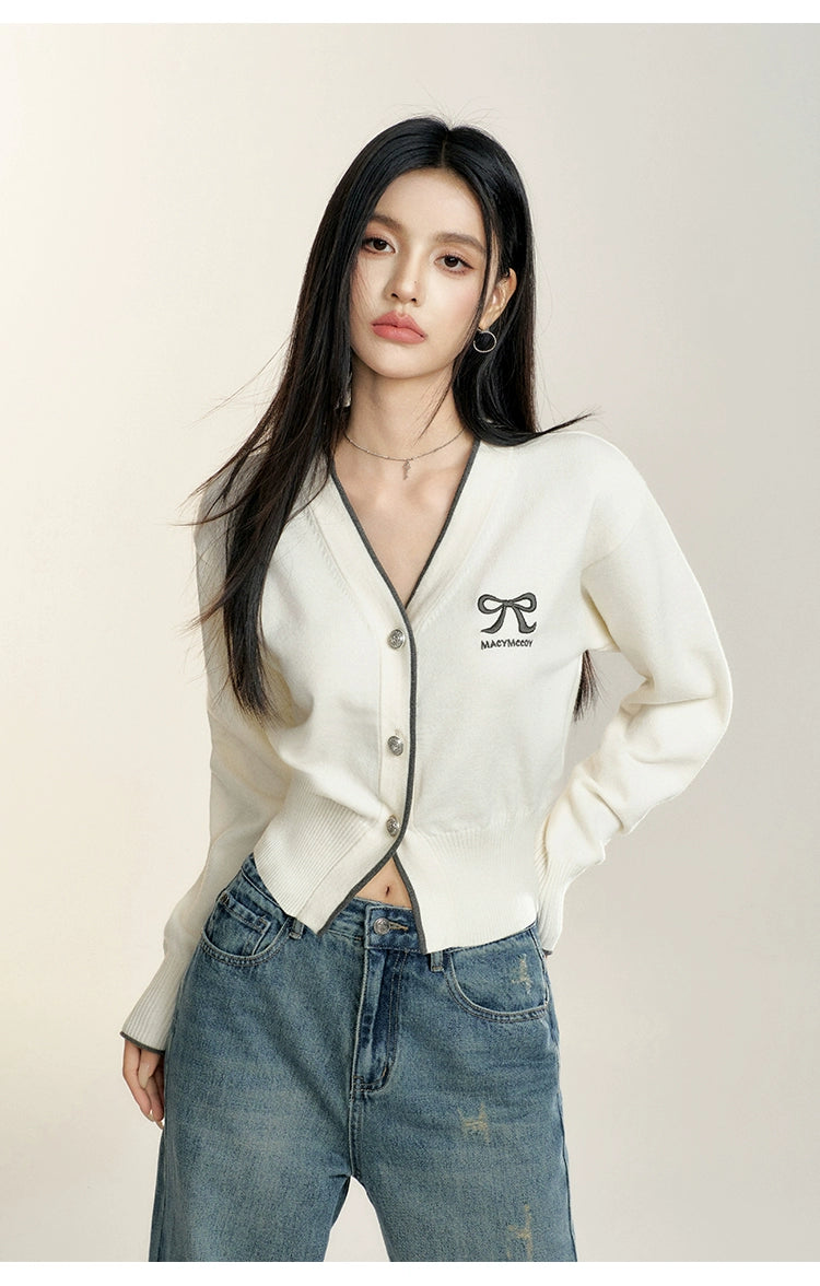 White V-neck Cropped Cardigan - CHINASQUAD
