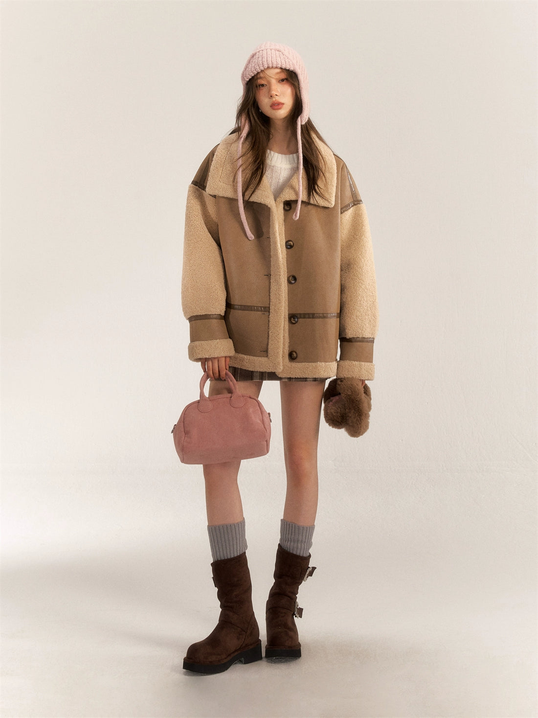 (Final Sale) Color Block & Striped Faux Lamb Wool Coat - CHINASQUAD