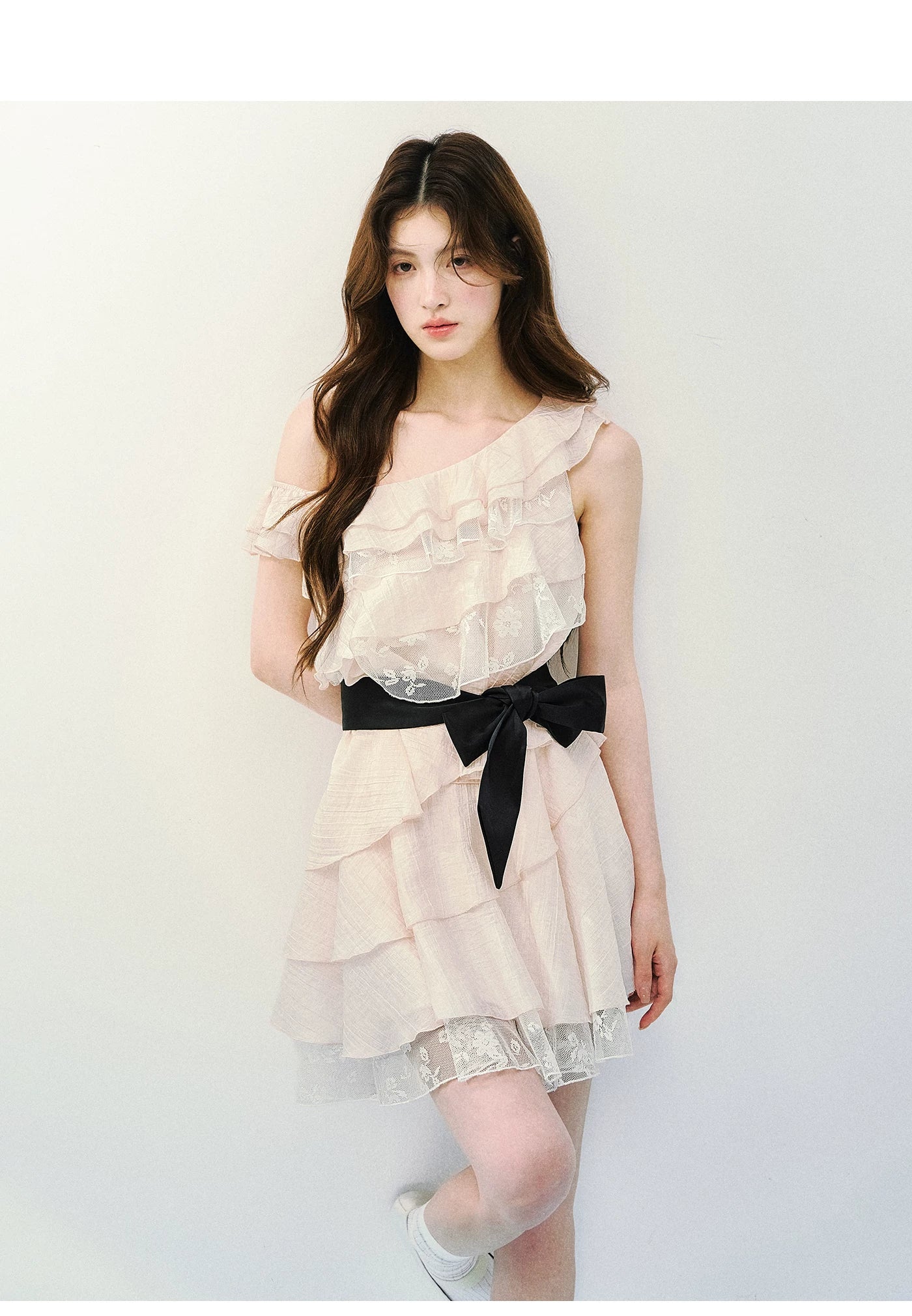 Asymmetric Lace Tiered Ruffle Dress