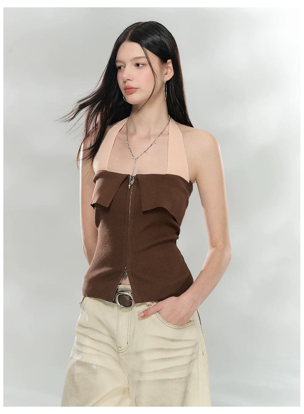 Contrast Halter Zip-Up Knit Tank Top