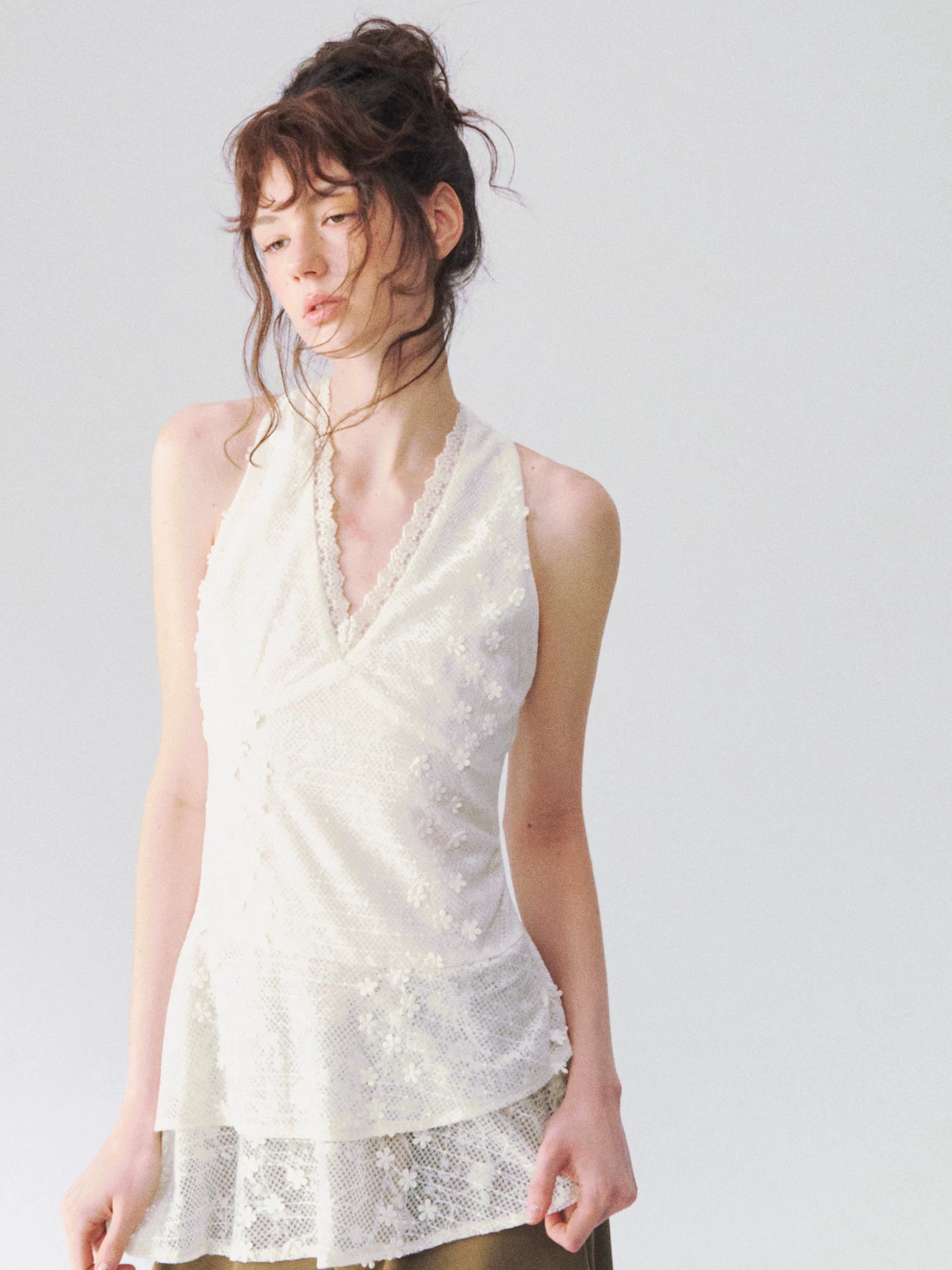 Jacquard Lace Halterneck V-Neck Tank Top