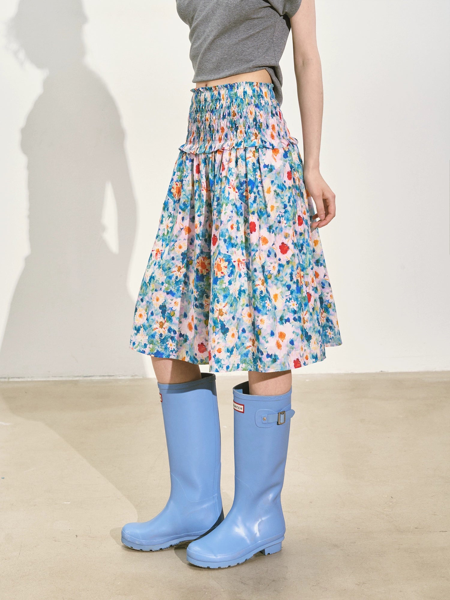 Floral Waist-cinching Slim-fit Midi A-line Skirt - CHINASQUAD