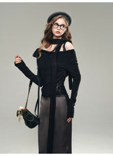 (Final Sale) White & Black Off-Shoulder Lace Knit Crewneck - CHINASQUAD