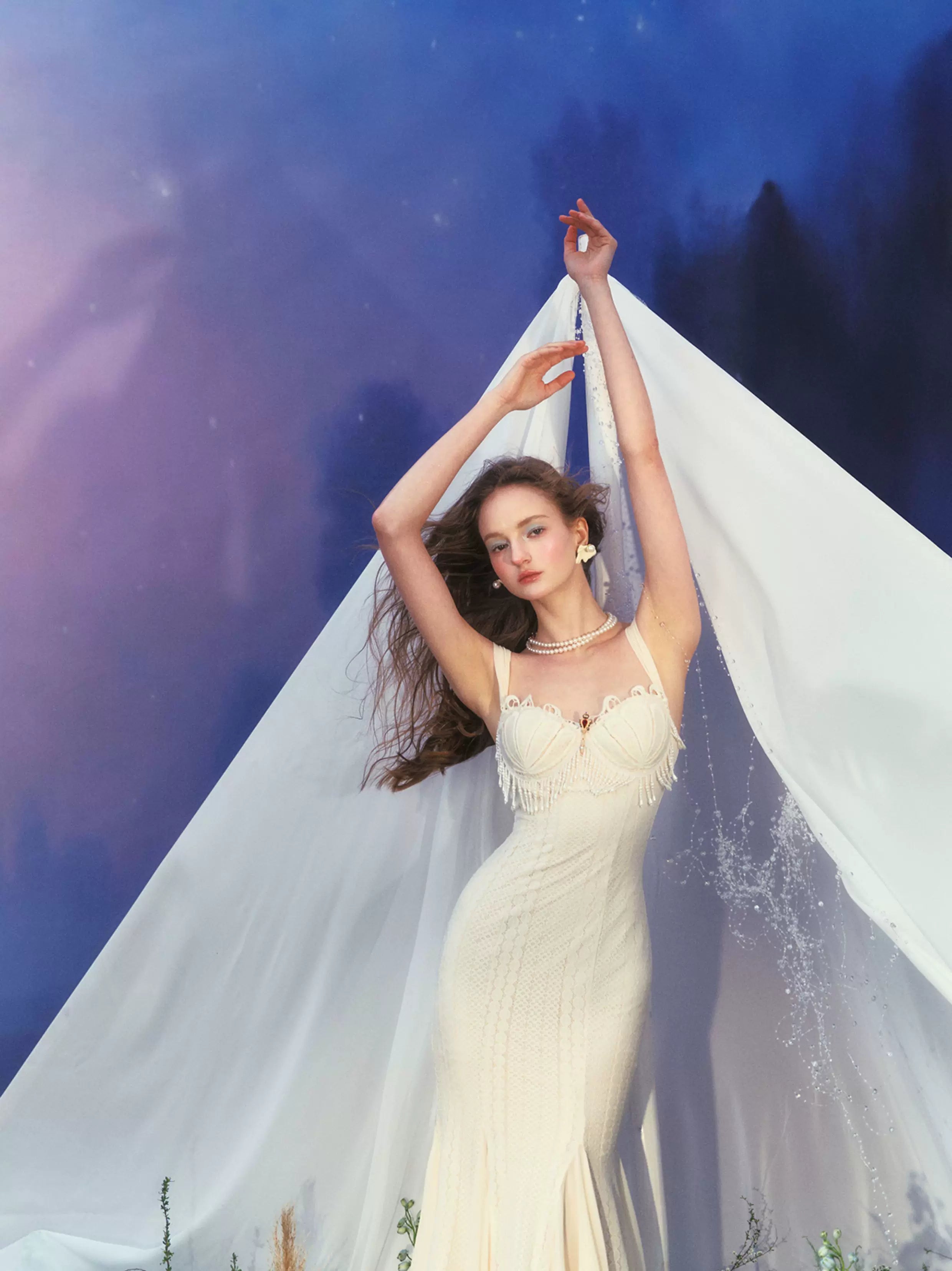 Vintage Shell-Texture Stretch Mermaid Slip Dress