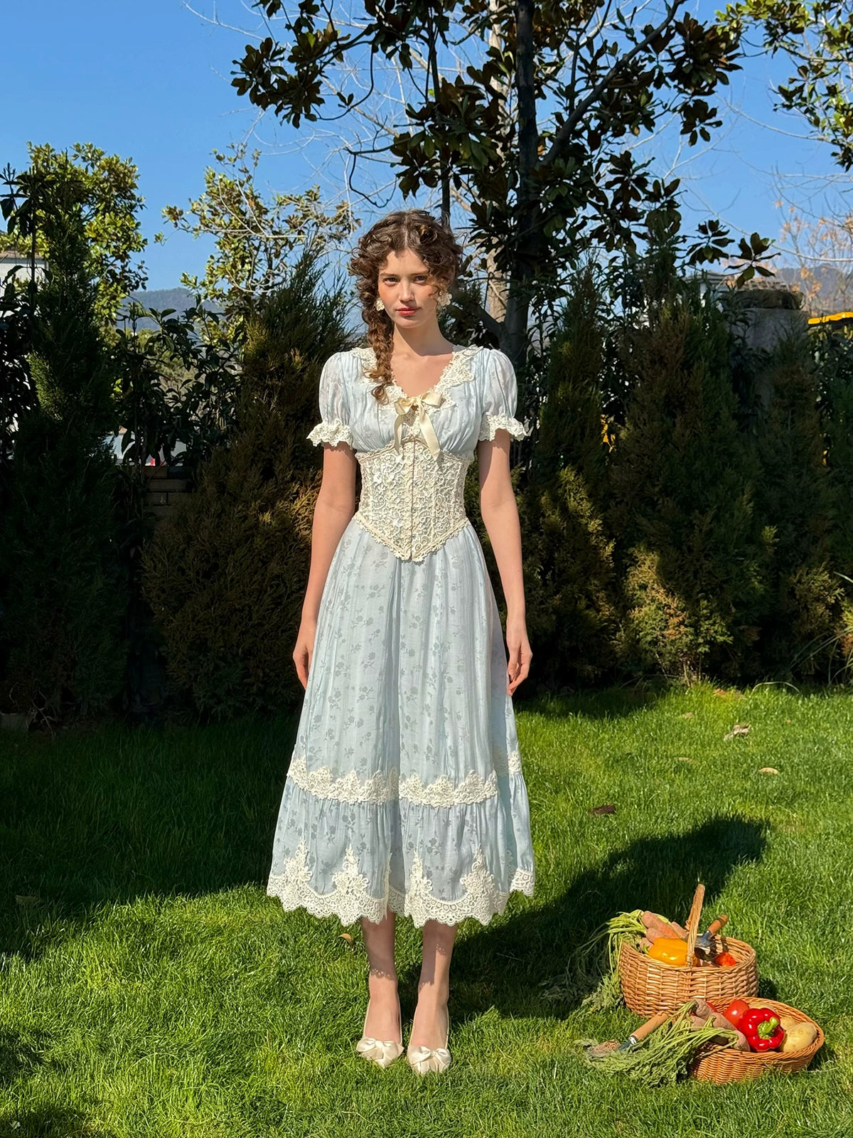 Fresh Baby Blue Lace Short-Sleeve Dress