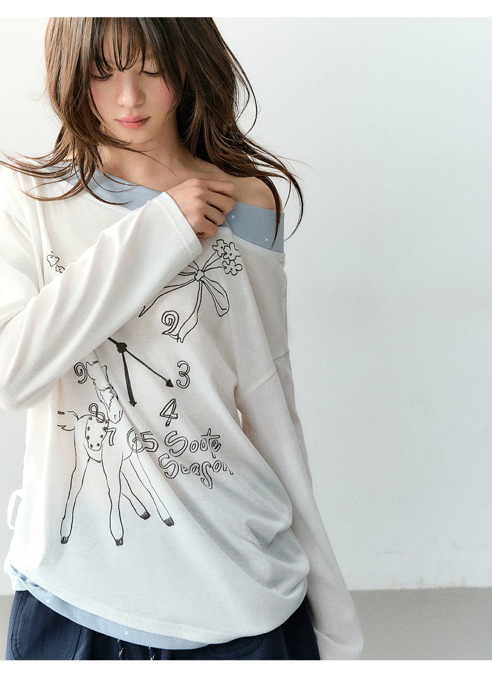 Clock Print Polka Dot Relaxed Long Sleeve blouse