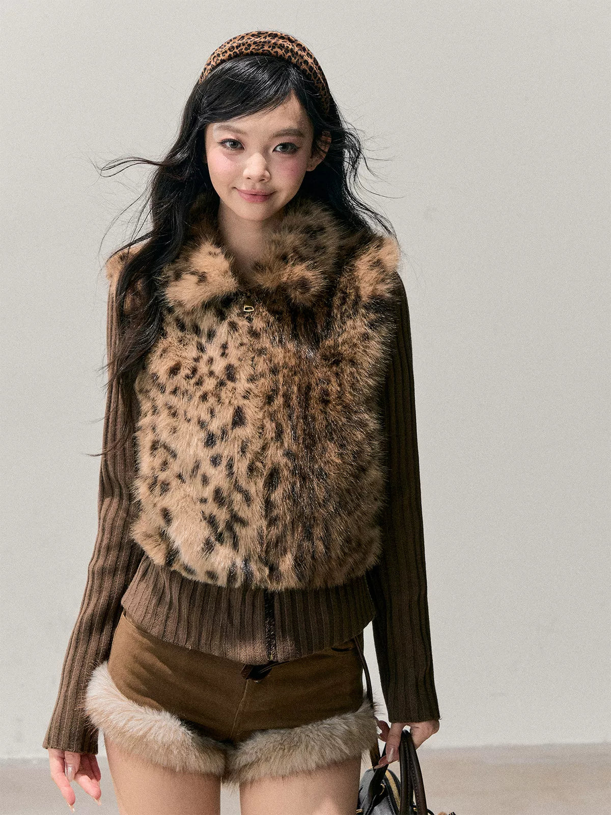 Faux Two-Piece Eco Fur Knit Jacket