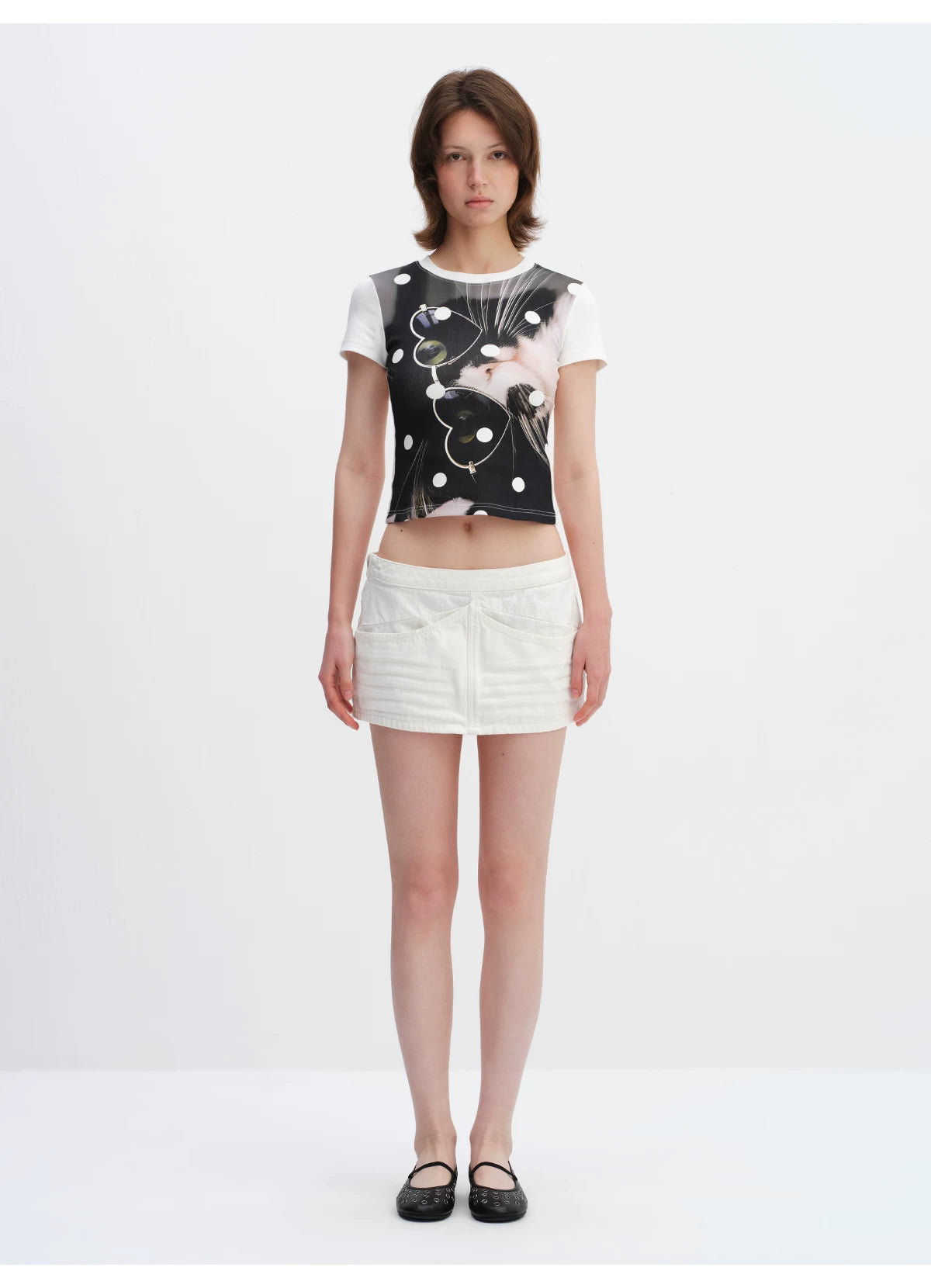 Playful Cat Polka Dot Cropped T-Shirt