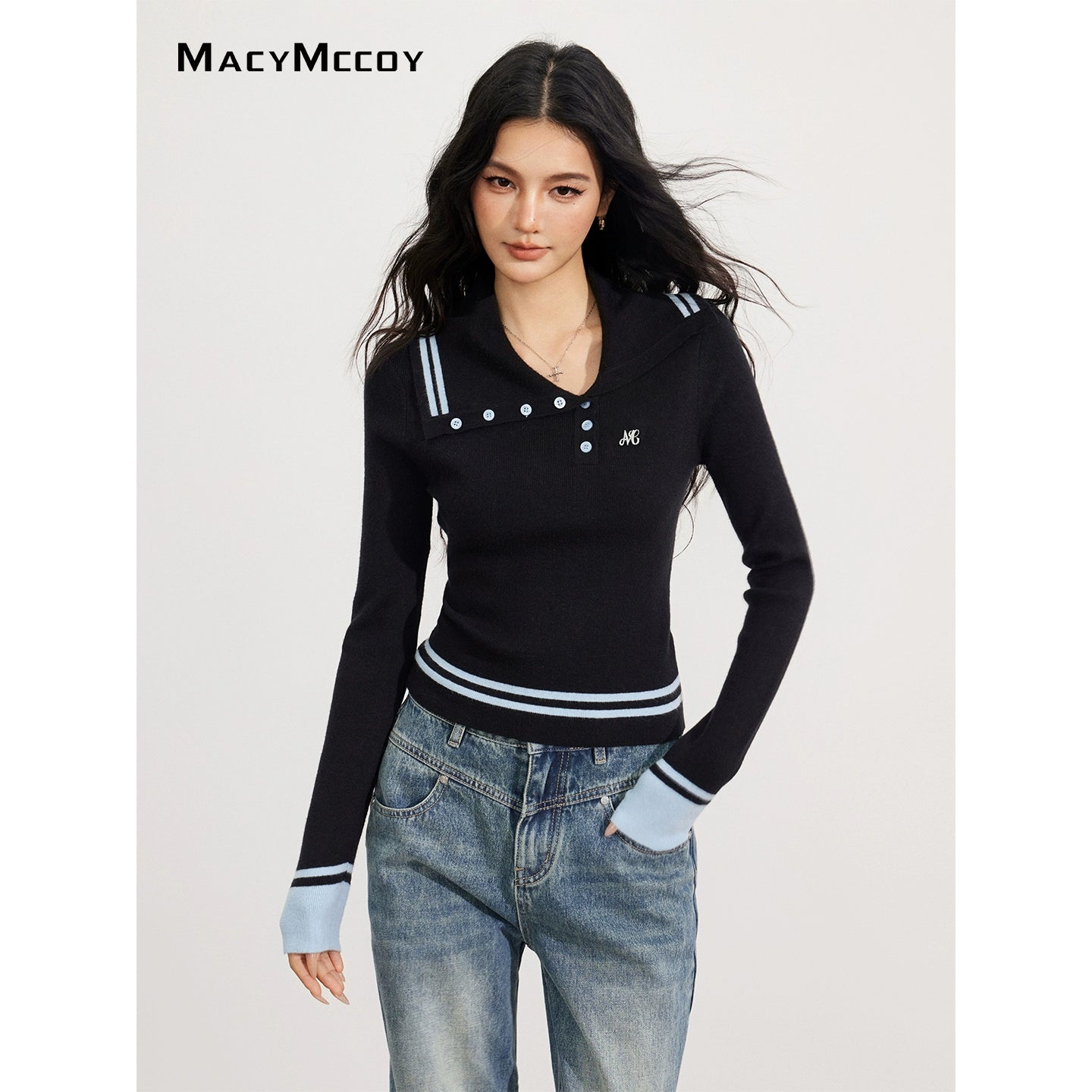 Sailor Collar Colorblock Knit V-neck - CHINASQUAD