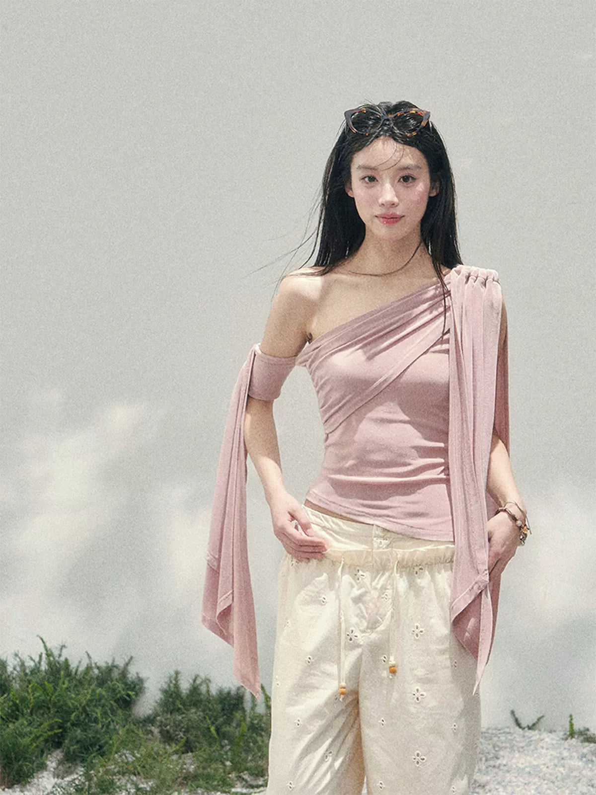 Coral Pink One-Shoulder Ribbon Blouse