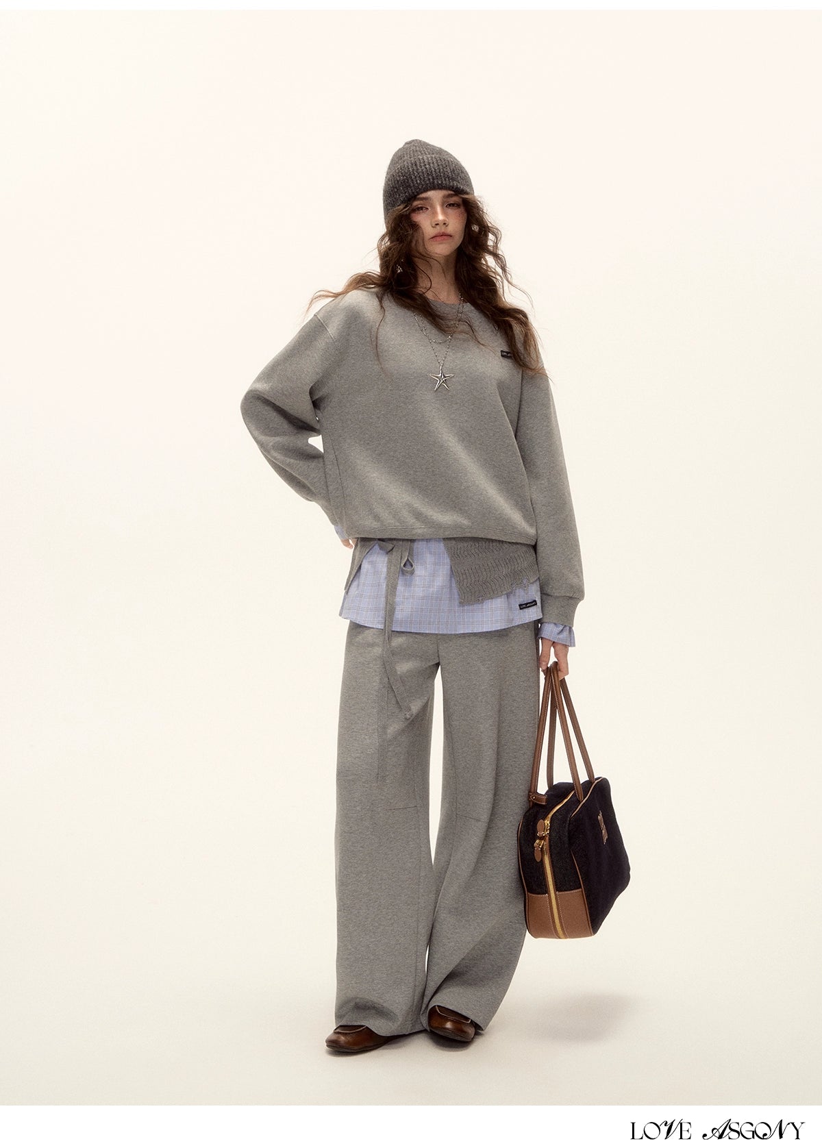 Patchwork Sweatshirt & Curved-Hem Knit Pants Set