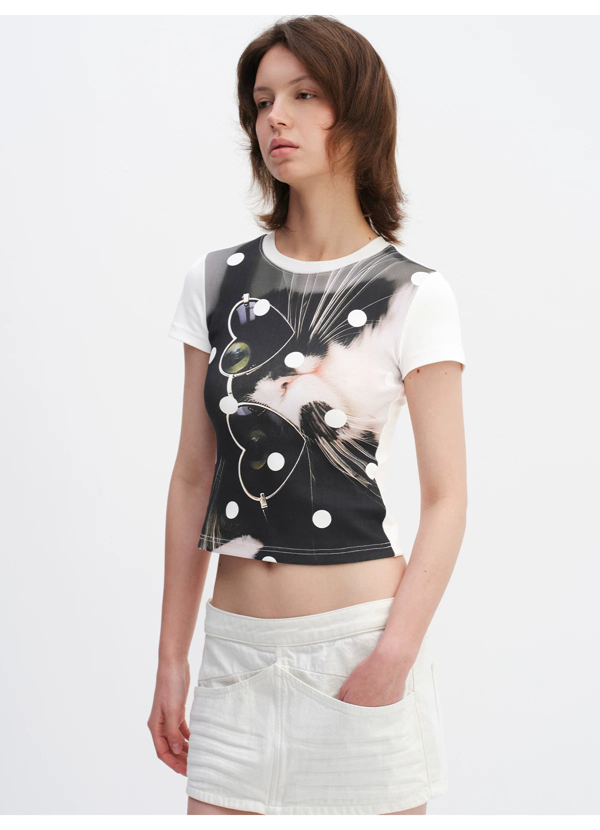 Playful Cat Polka Dot Cropped T-Shirt