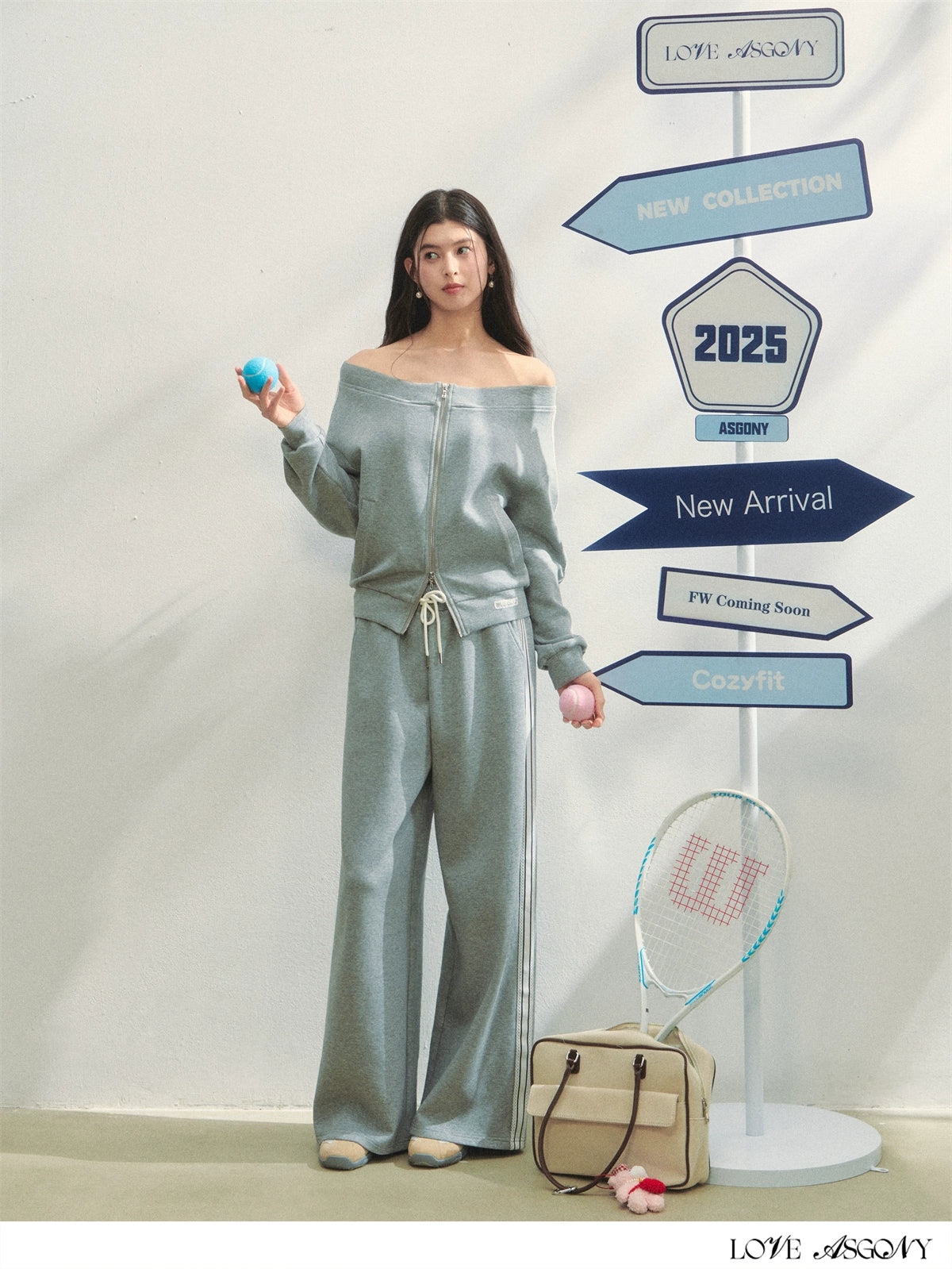 Off-Shoulder Zip-up Sweatshirt & Pants Set - CHINASQUAD