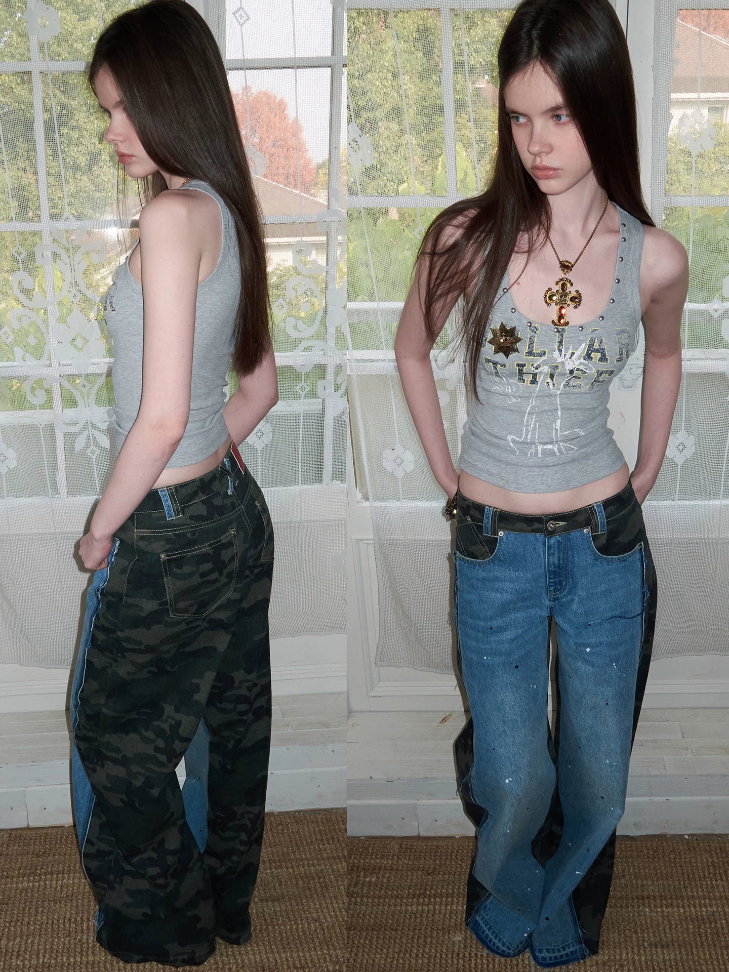 Camouflage Patchwork Denim Straight-Leg Jeans