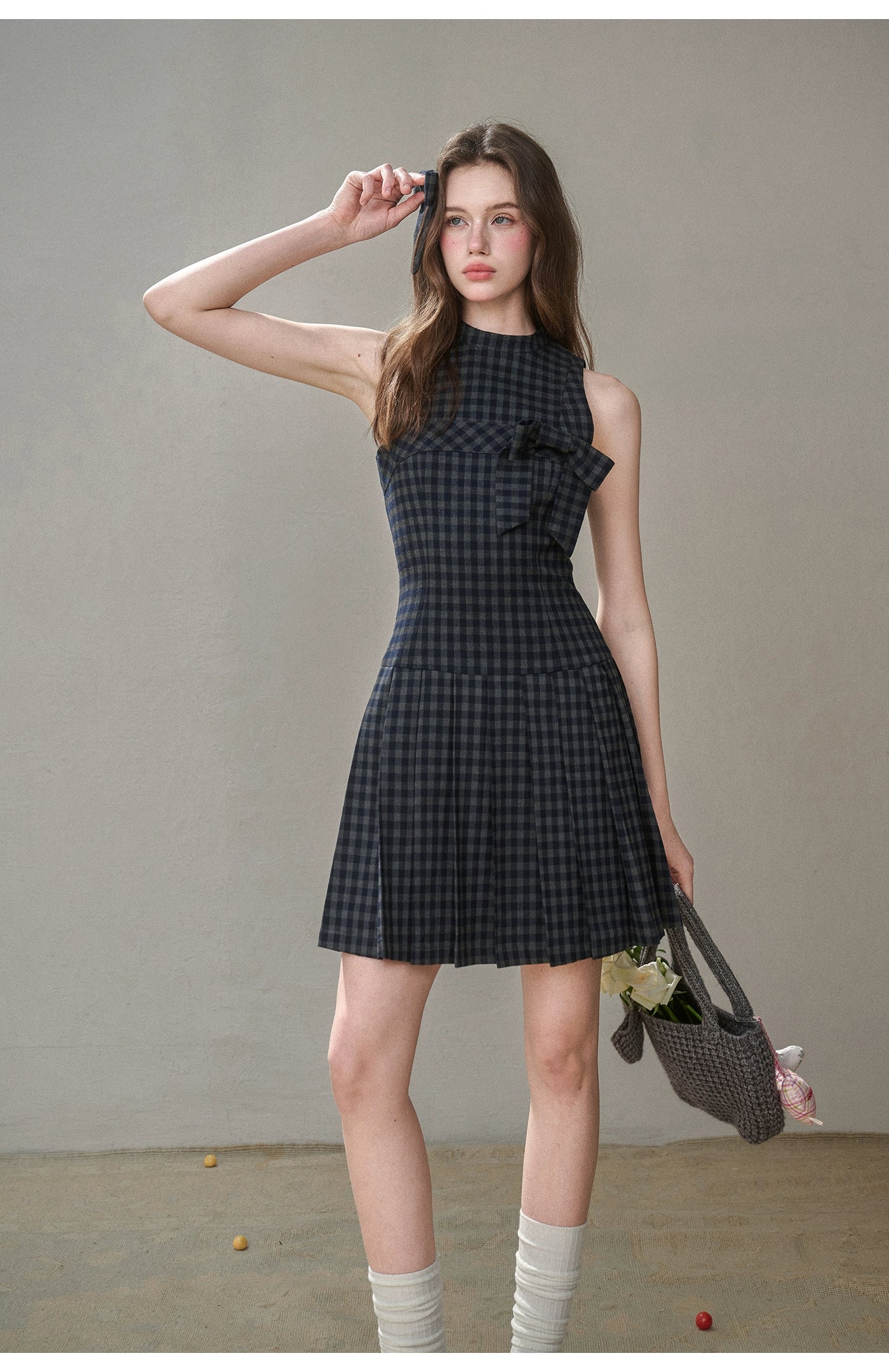 Bow Halter Checked Pleated Dress - CHINASQUAD
