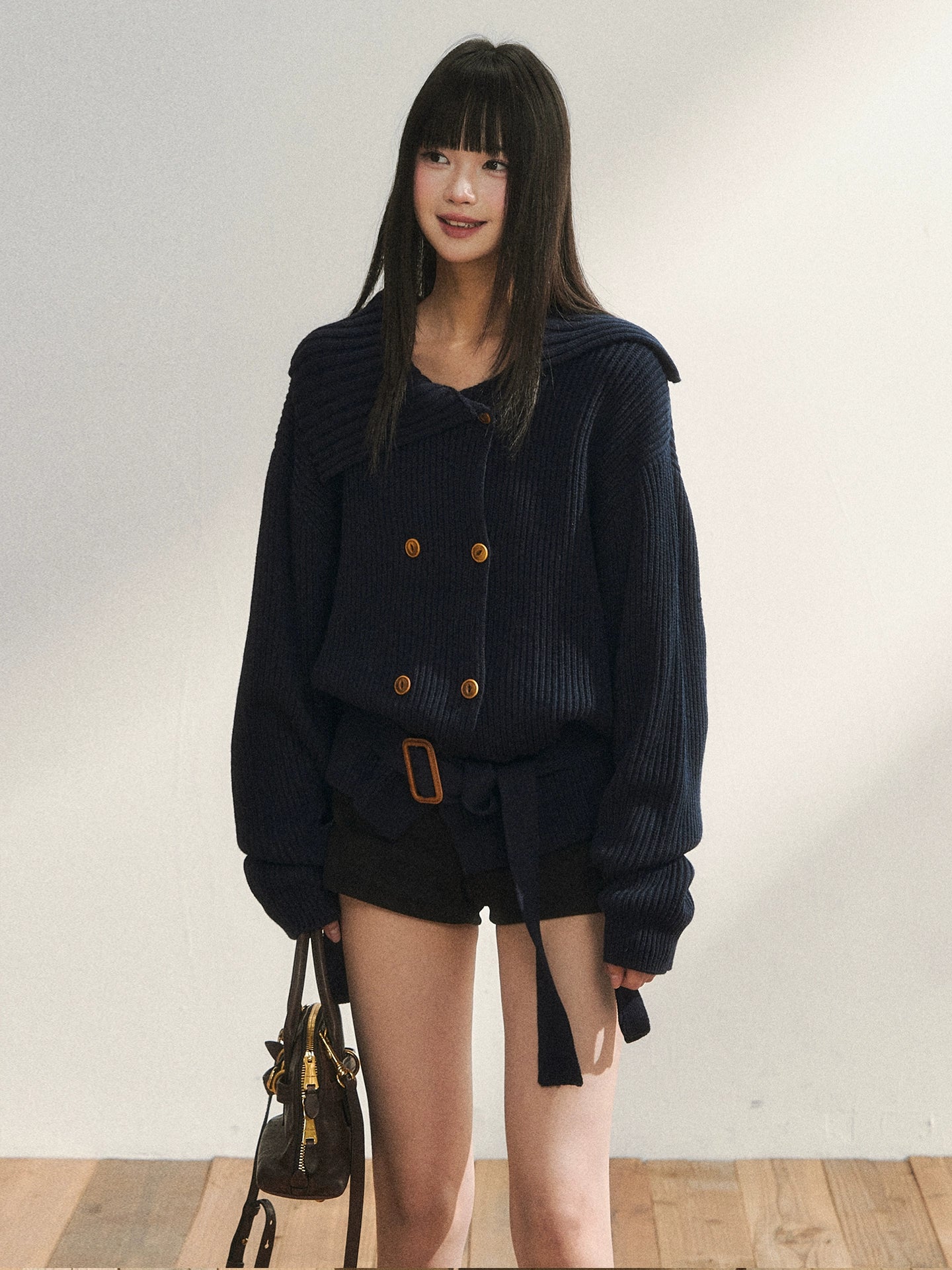 Double-Breasted Belted Knit Cardigan