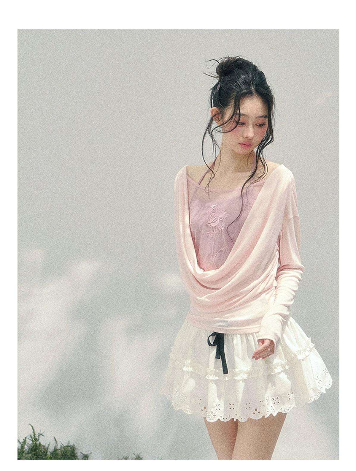 Rose Embroidery Draped Blouse Set
