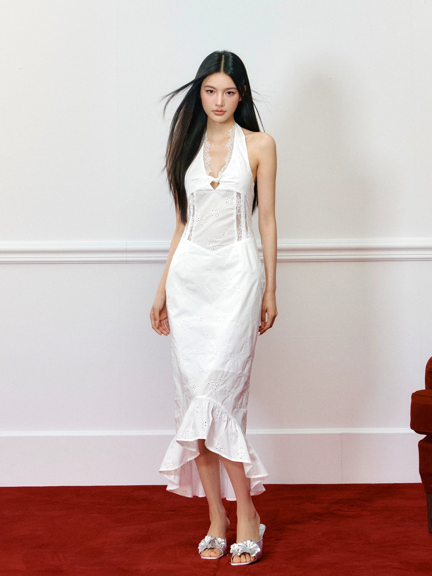 Lace Paneled Hollow Halter Mermaid Dress - CHINASQUAD