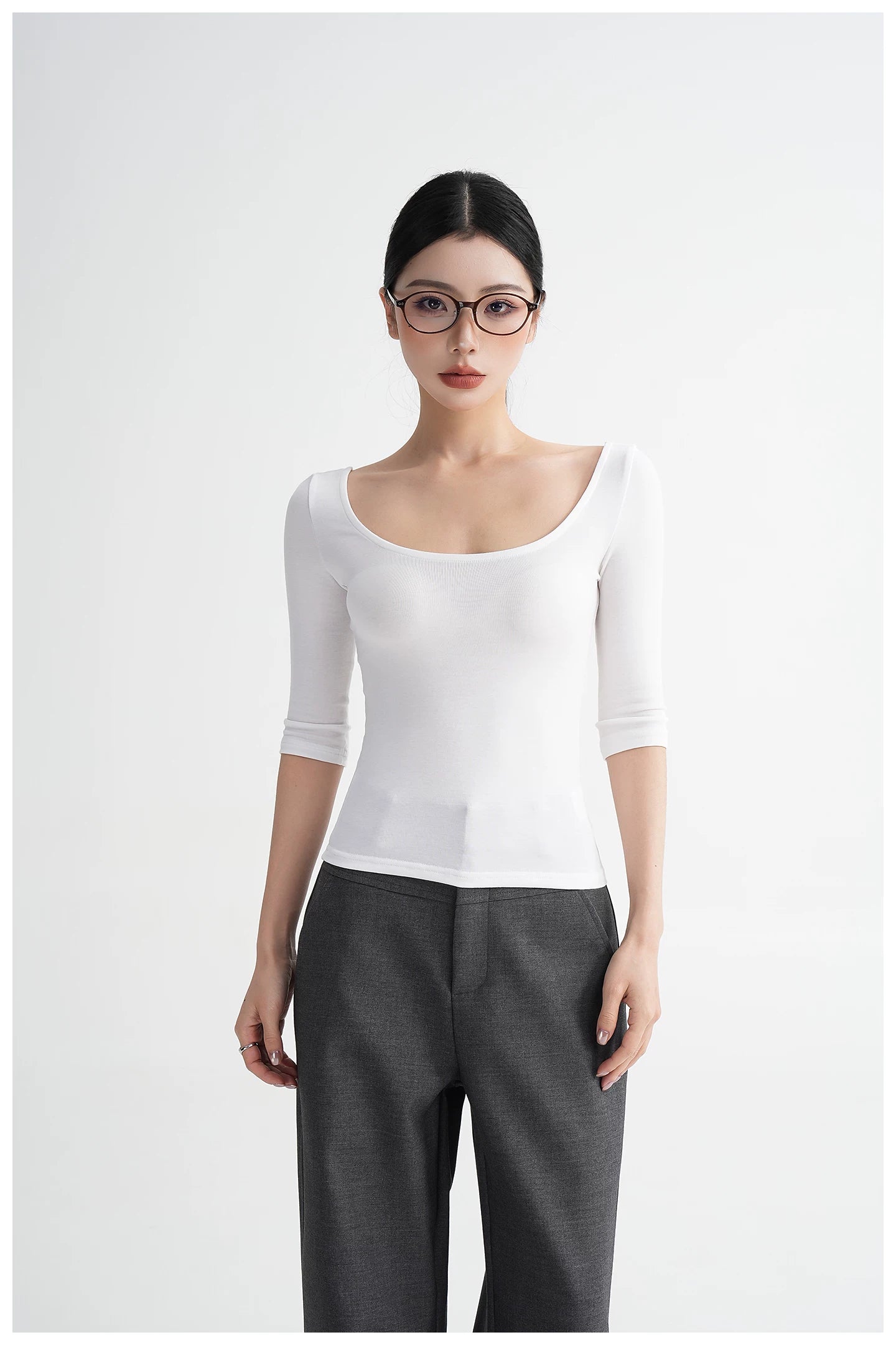 Lyocell Open-Back Fitted Mid-Sleeve T-Shirt