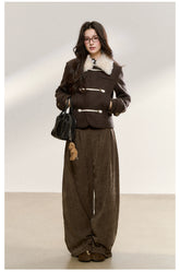Brown Wool-Blend Toggle Cropped Jacket - CHINASQUAD