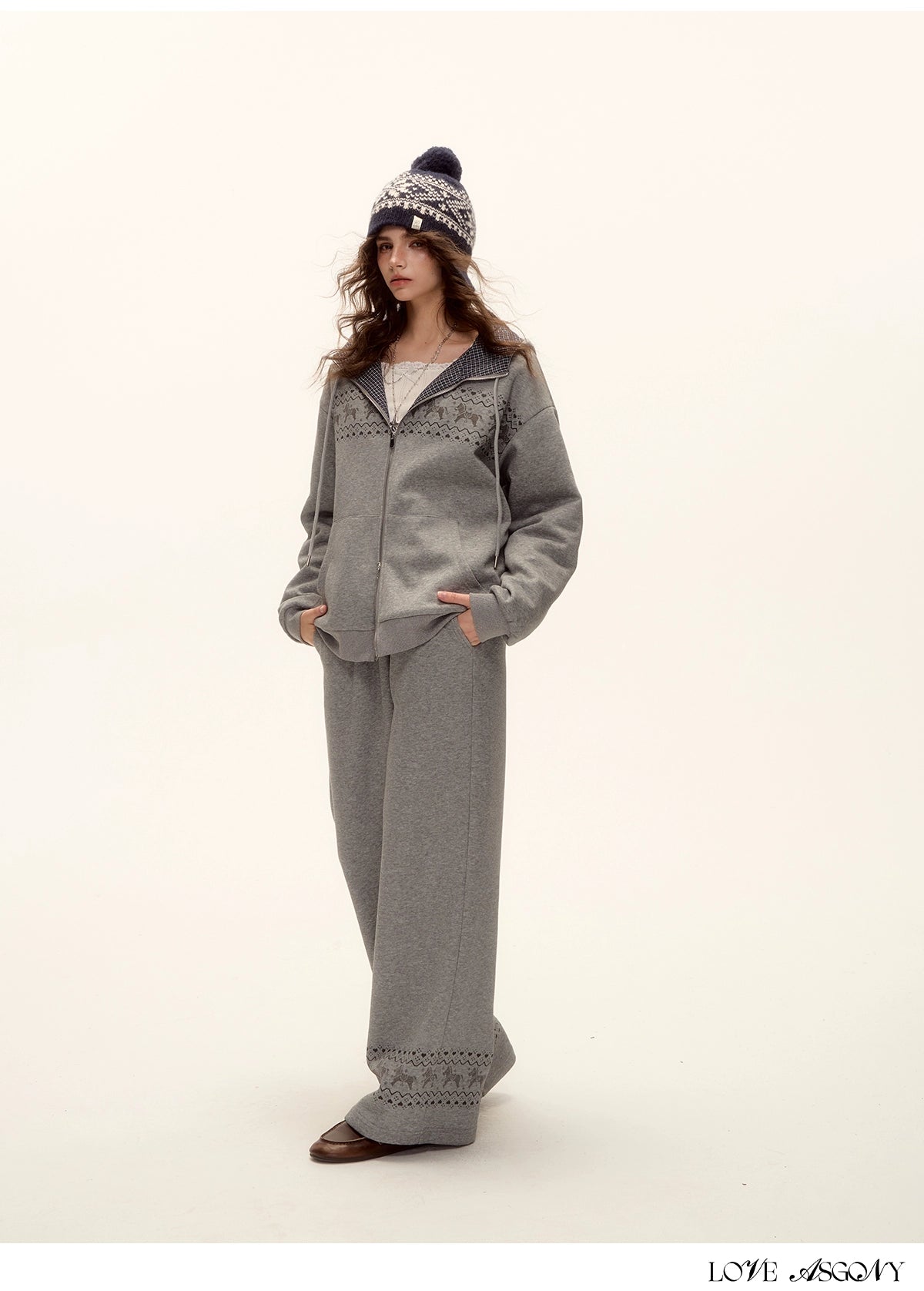 Zip-up Plaid Hoodie & Wide-Leg Pants Set