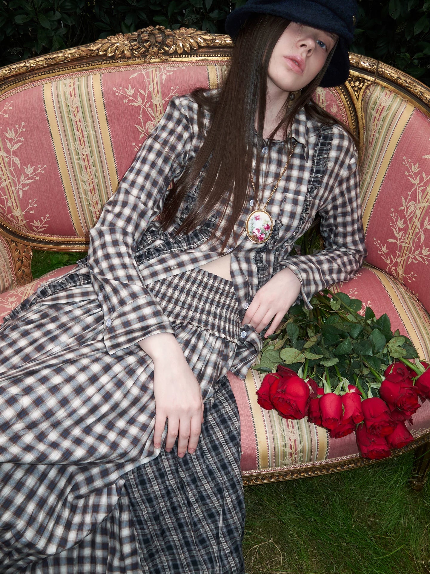 Contrast Plaid Ruffle Shirt & Long Skirt Set