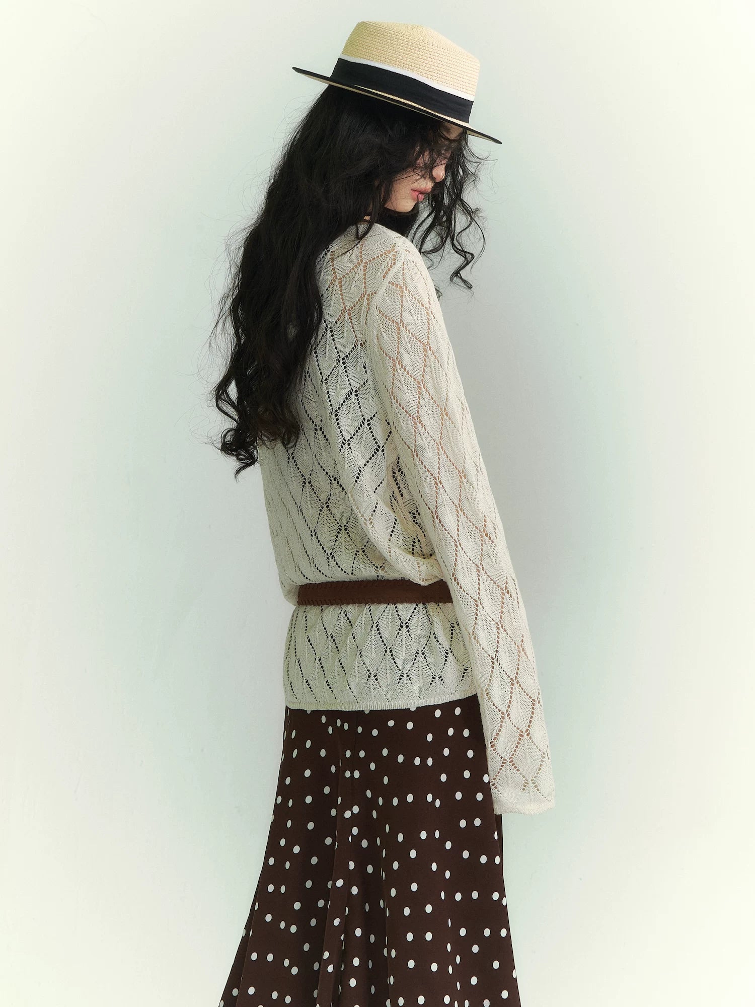Openwork Diamond-Knit Washi Yarn Long-Sleeve Top
