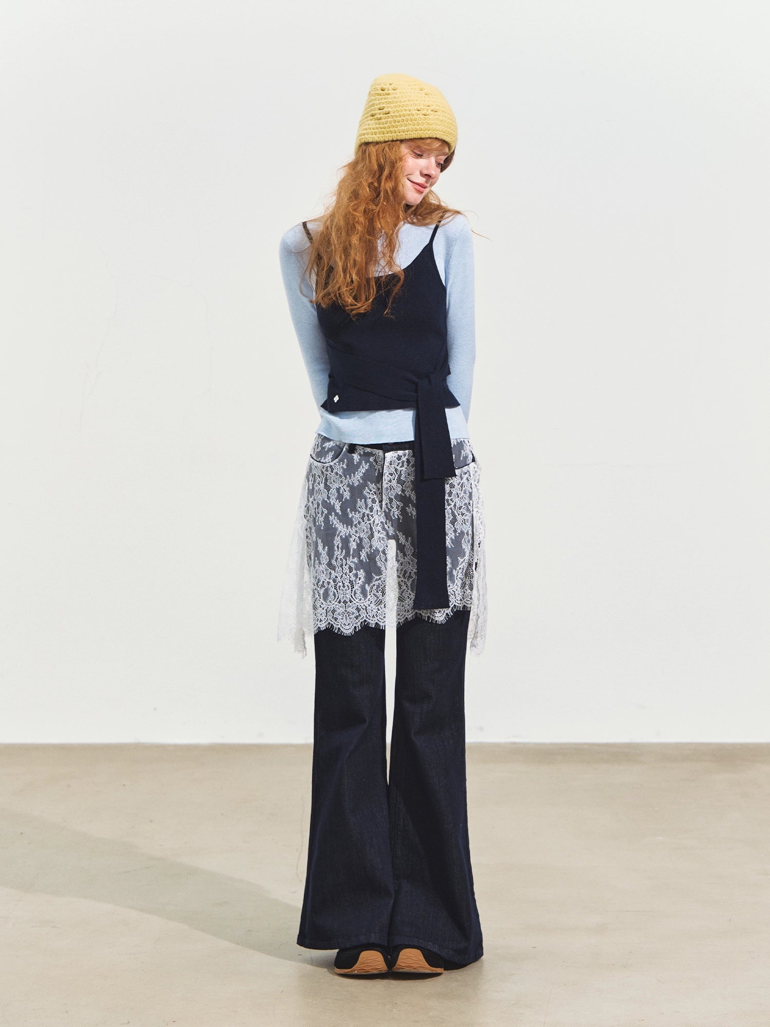 Contrast-Tie Layered Crewneck Knit Sweater