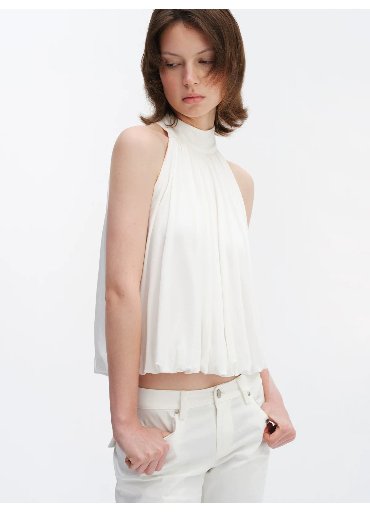 Lyocell Bubble Hem Halter Neck Blouse