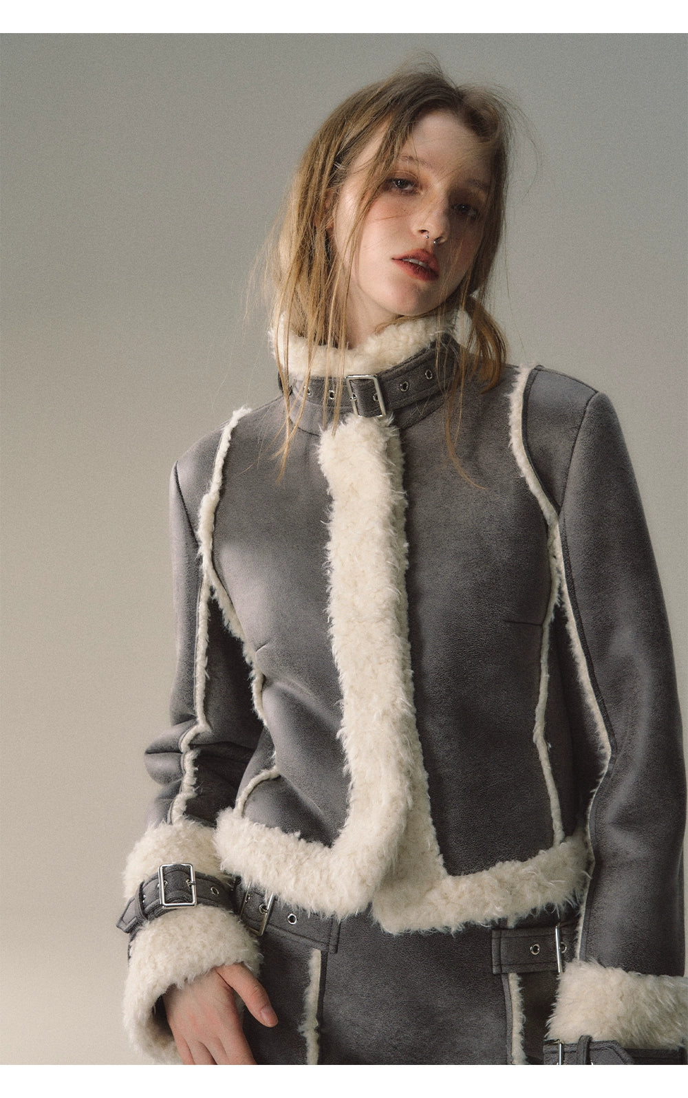 Grey Short Plush Shearling Jacket & Skirt Set - CHINASQUAD
