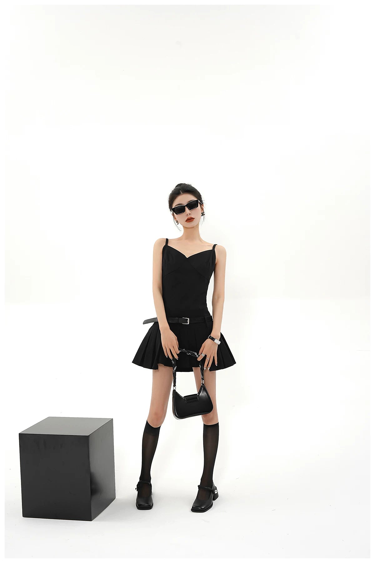 Asymmetric Zip-Back Pleated Camisole Dress