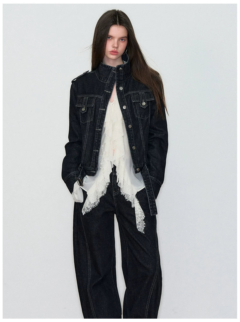 Sheer Lace-Trim Tie Blouse