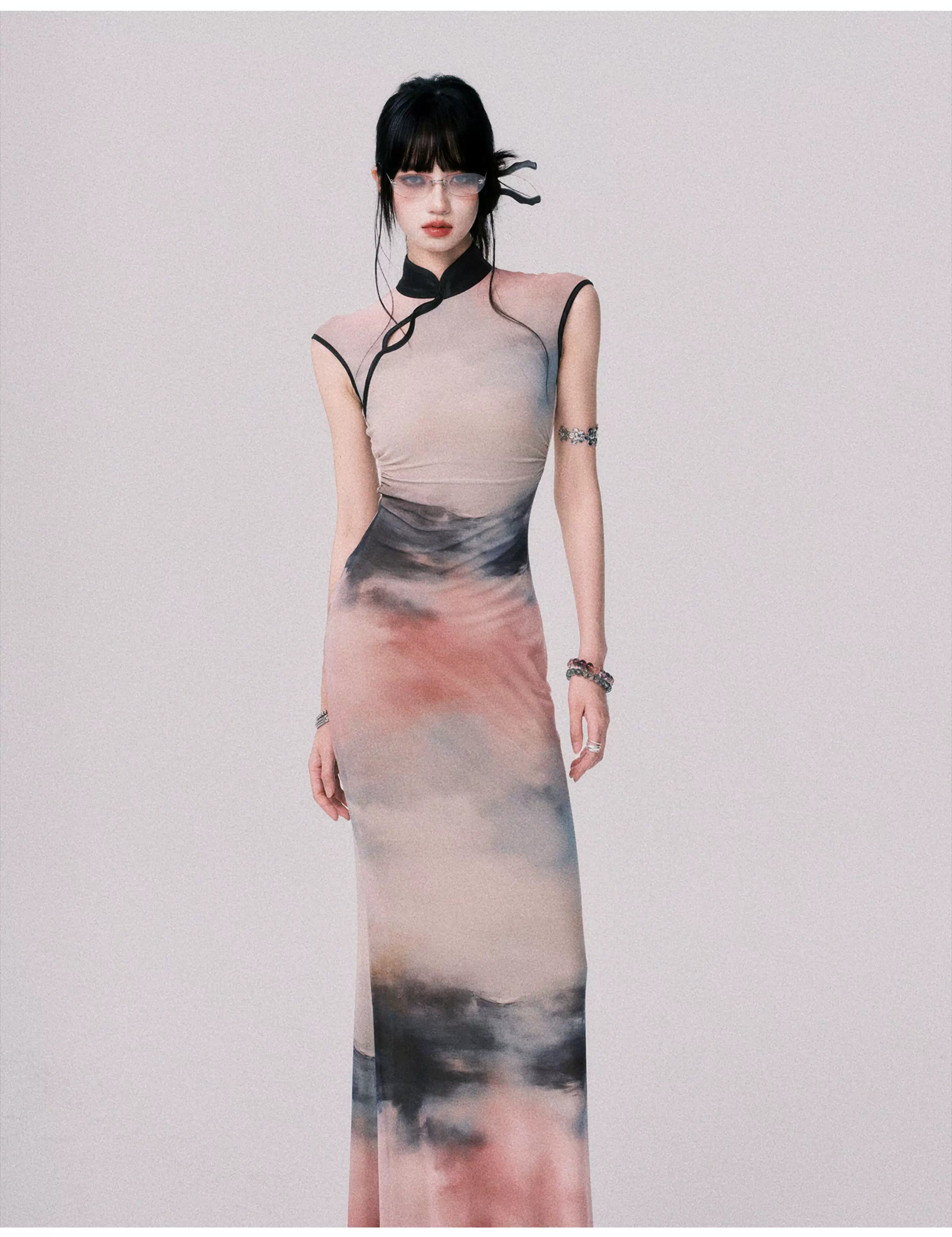 Stretch Mesh Cheongsam Maxi Dress