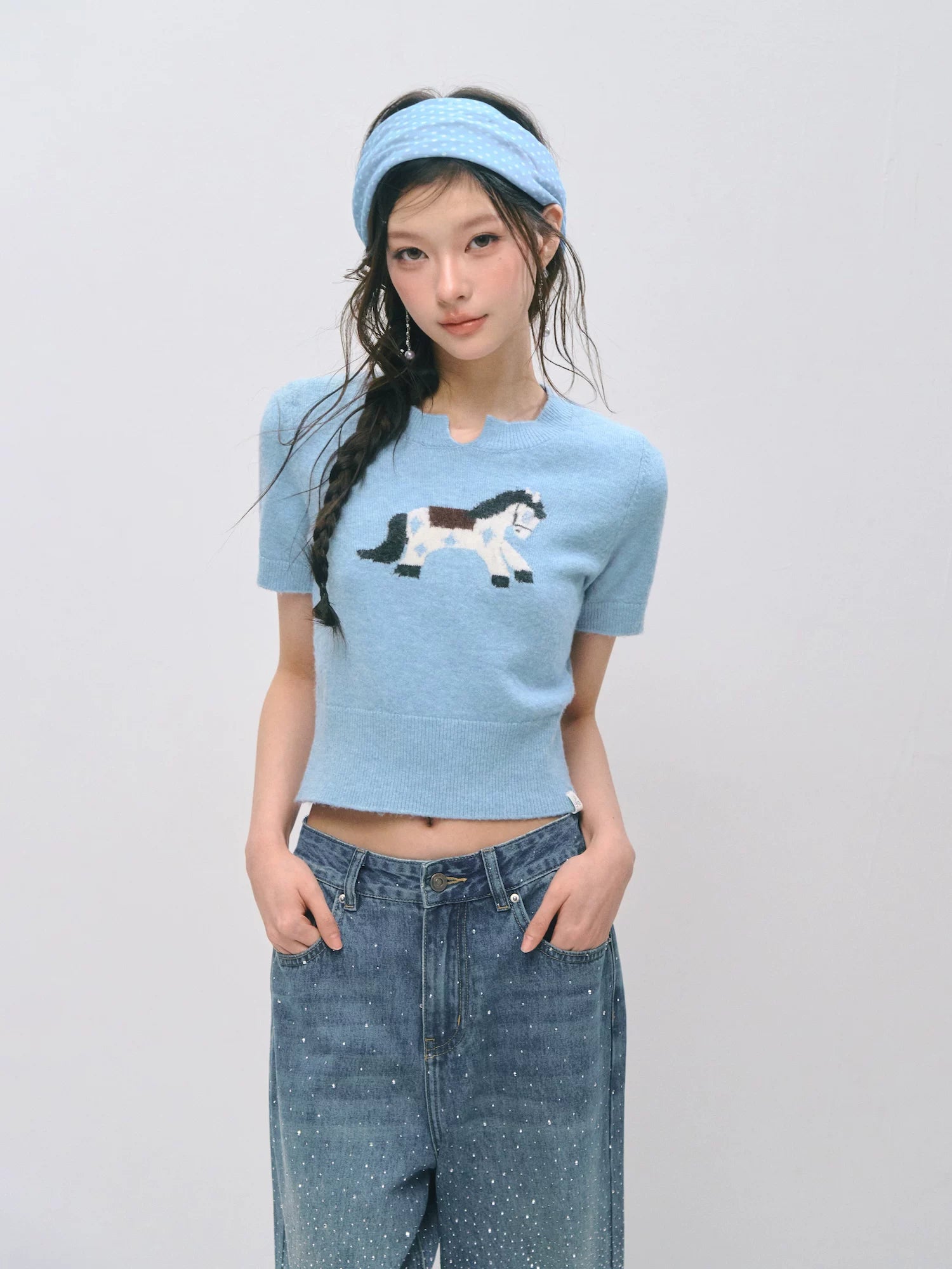 Jacquard Pony Knit Short Sleeve Top