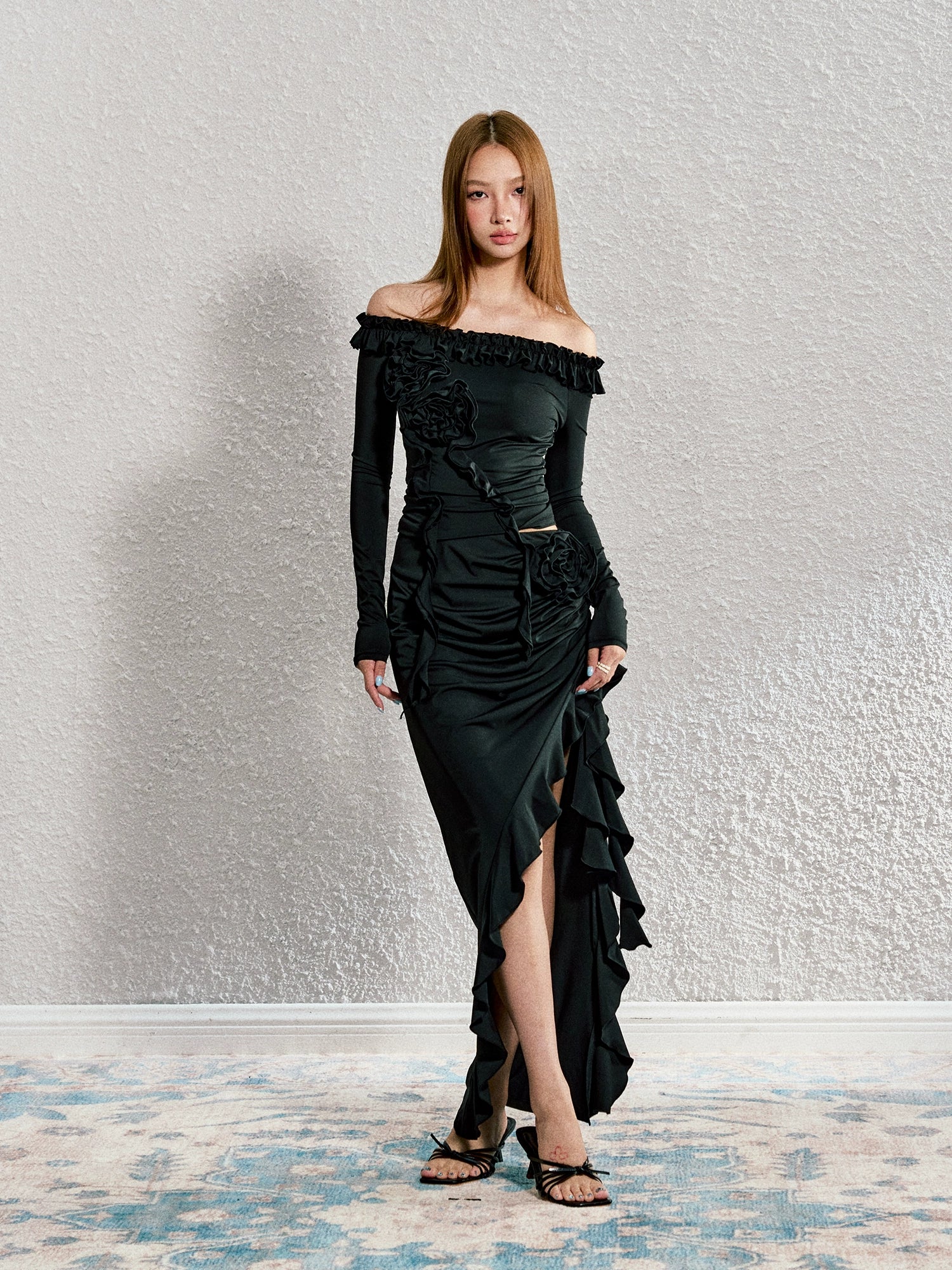 Ruffled Rose Off-shoulder Top & Asymmetrical Long Skirt Set - CHINASQUAD