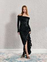 Ruffled Rose Off-shoulder Top & Asymmetrical Long Skirt Set - CHINASQUAD