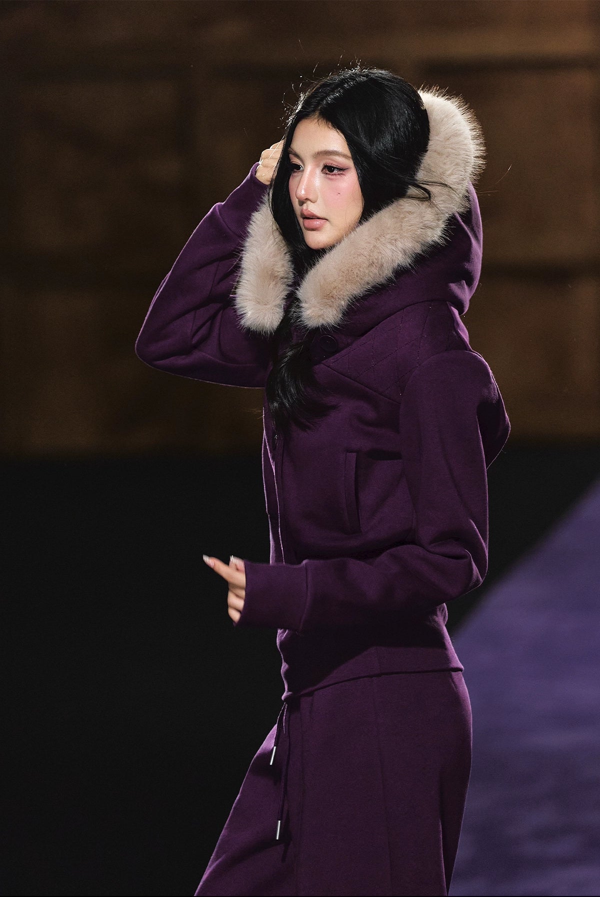 Faux Fur Hooded Cropped Hoodie & Jogger Set